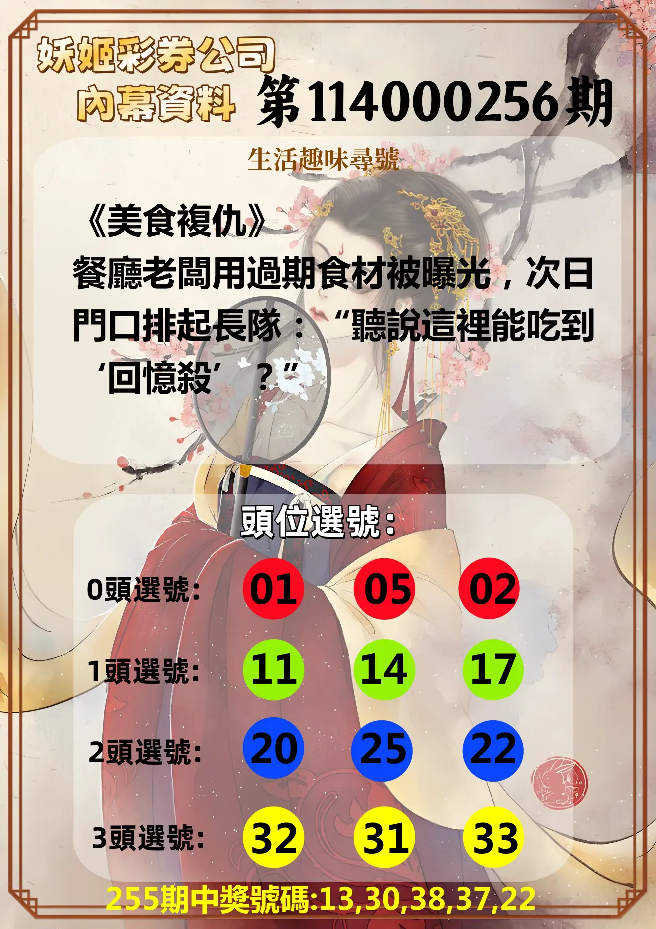 今彩539第114000256期(10/22)妖姬彩券公司內幕資料