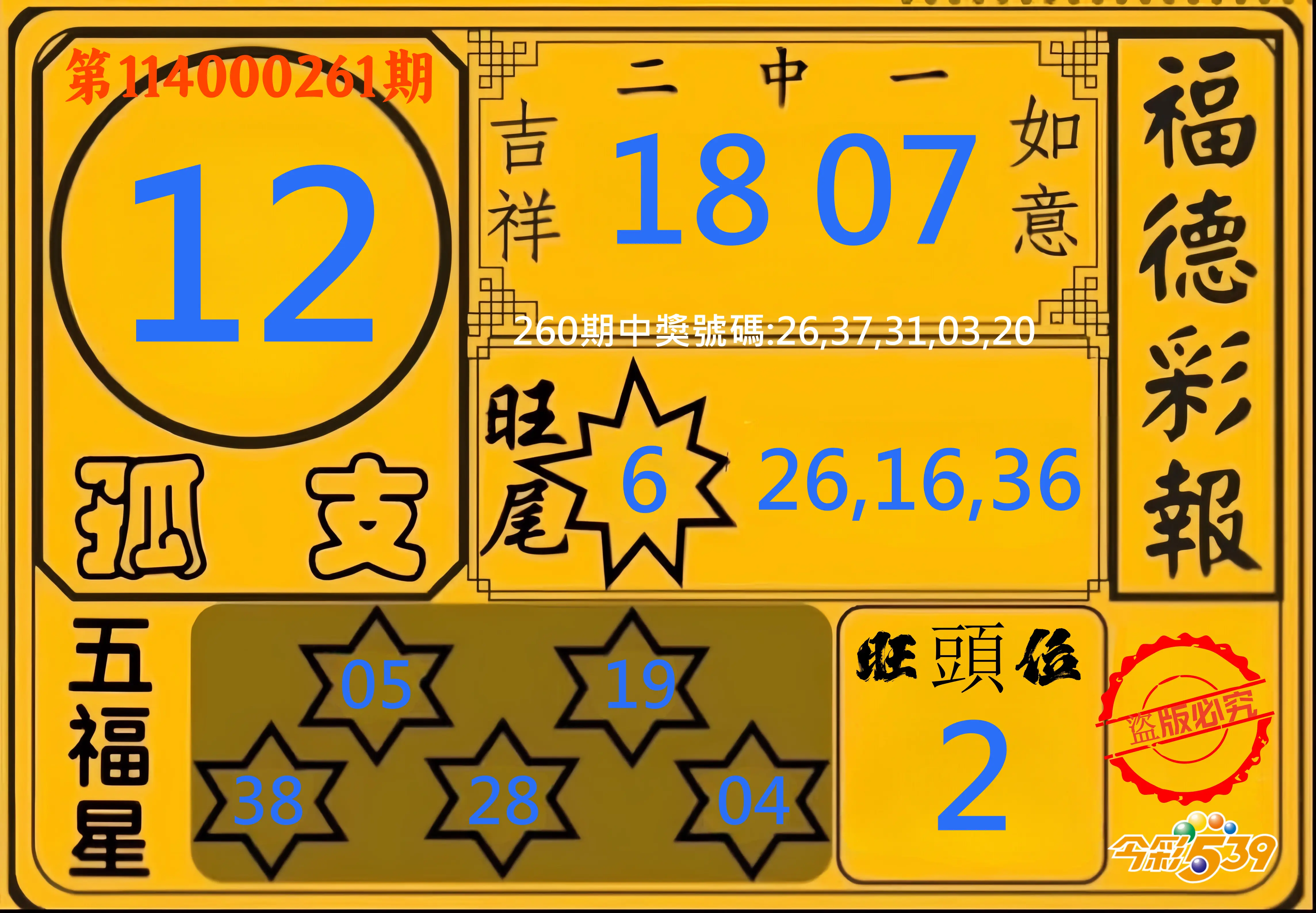 今彩539第114000261期(10/28)今彩539德福彩報牌預測