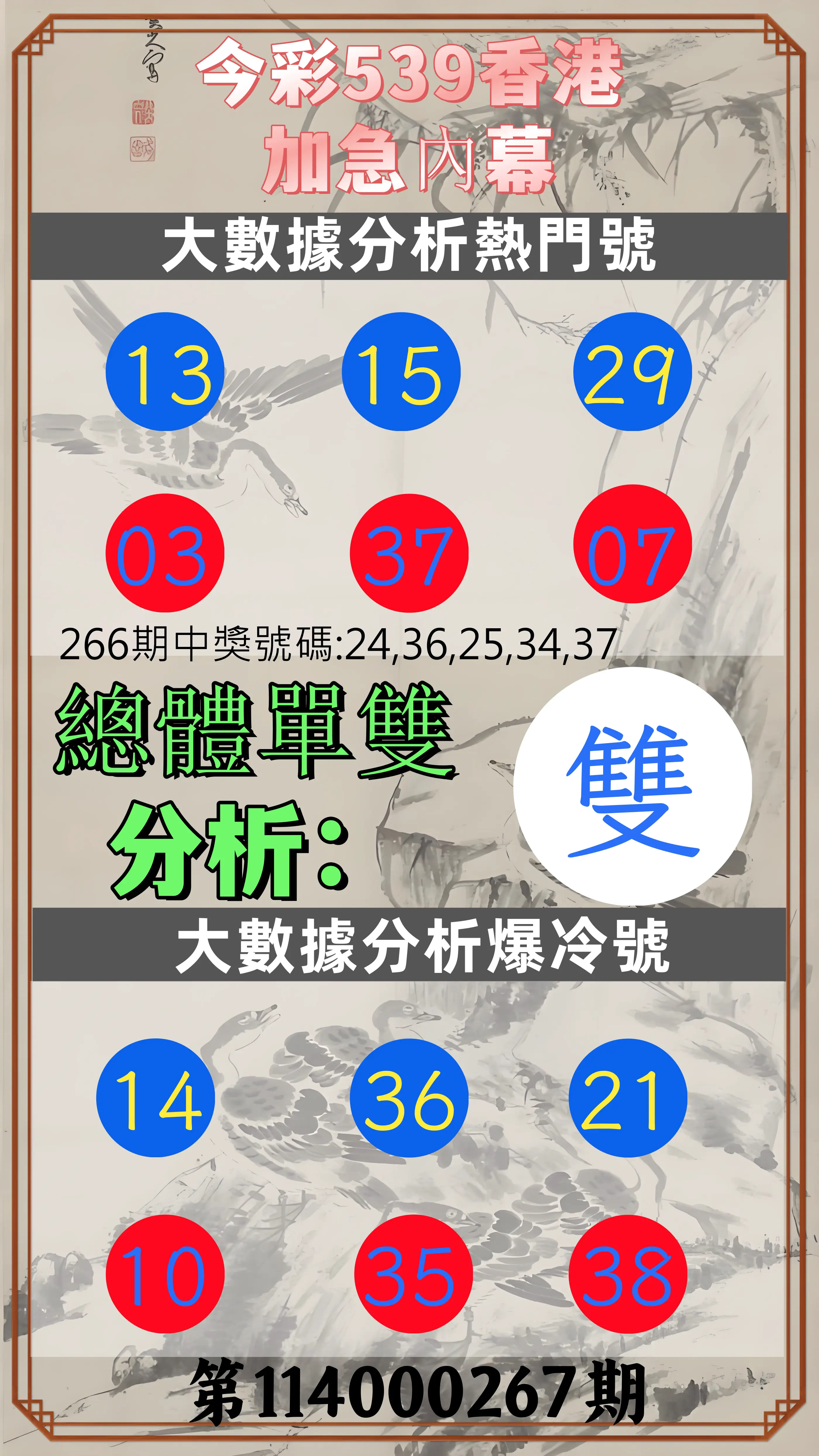 今彩539第114000267期(11/04)今彩539香港加急內幕