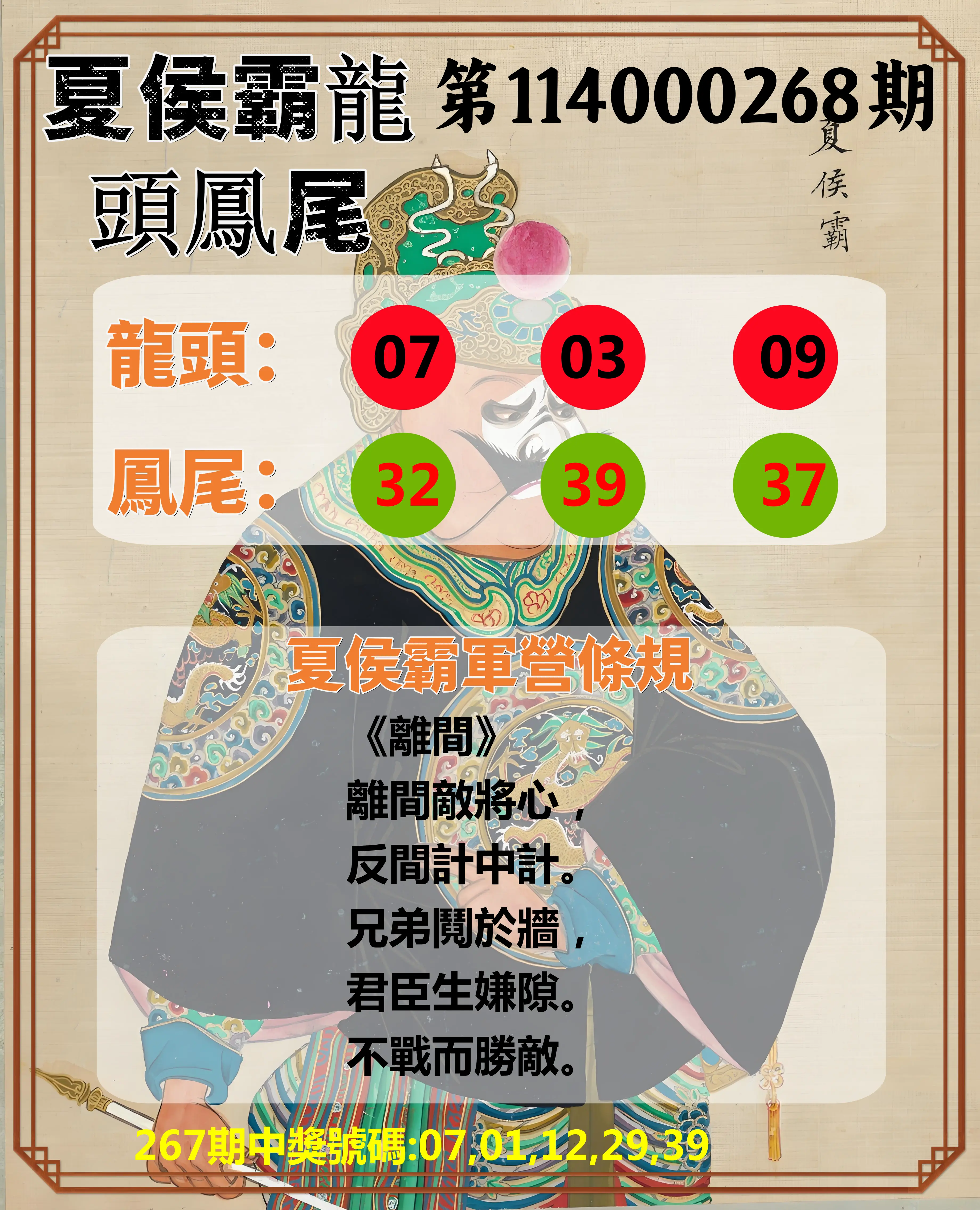 今彩539第114000268期(11/05)夏侯霸龍頭鳳尾