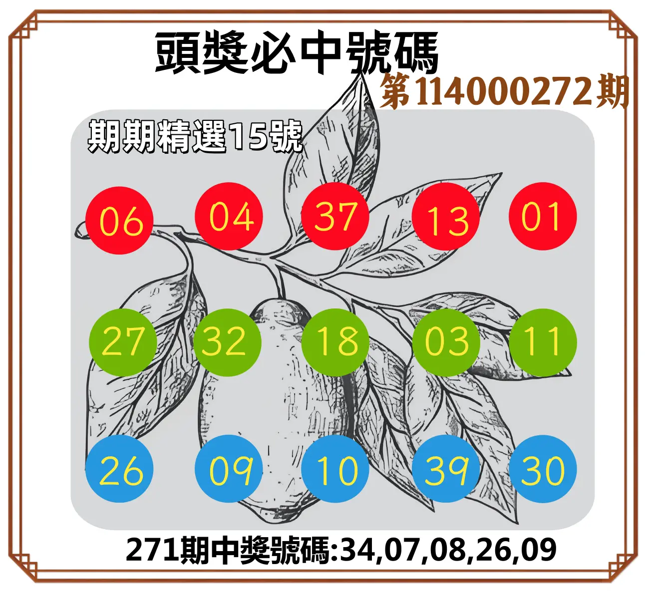 今彩539第114000272期(11/10)頭獎號碼