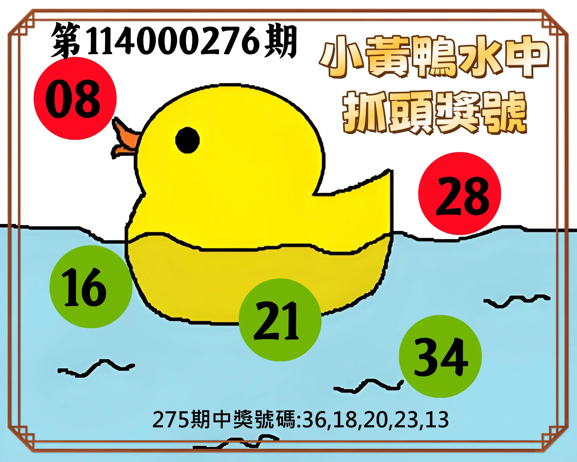 今彩539第114000276期(11/14)小黃鴨水中抓頭獎號