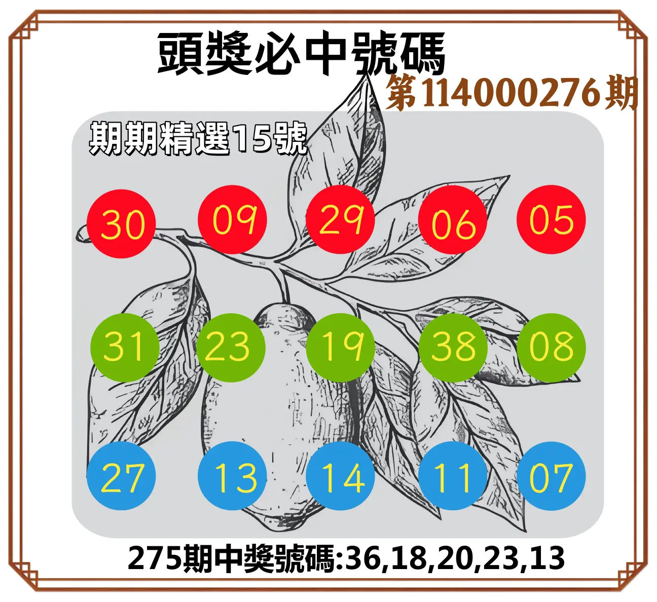 今彩539第114000276期(11/14)頭獎號碼