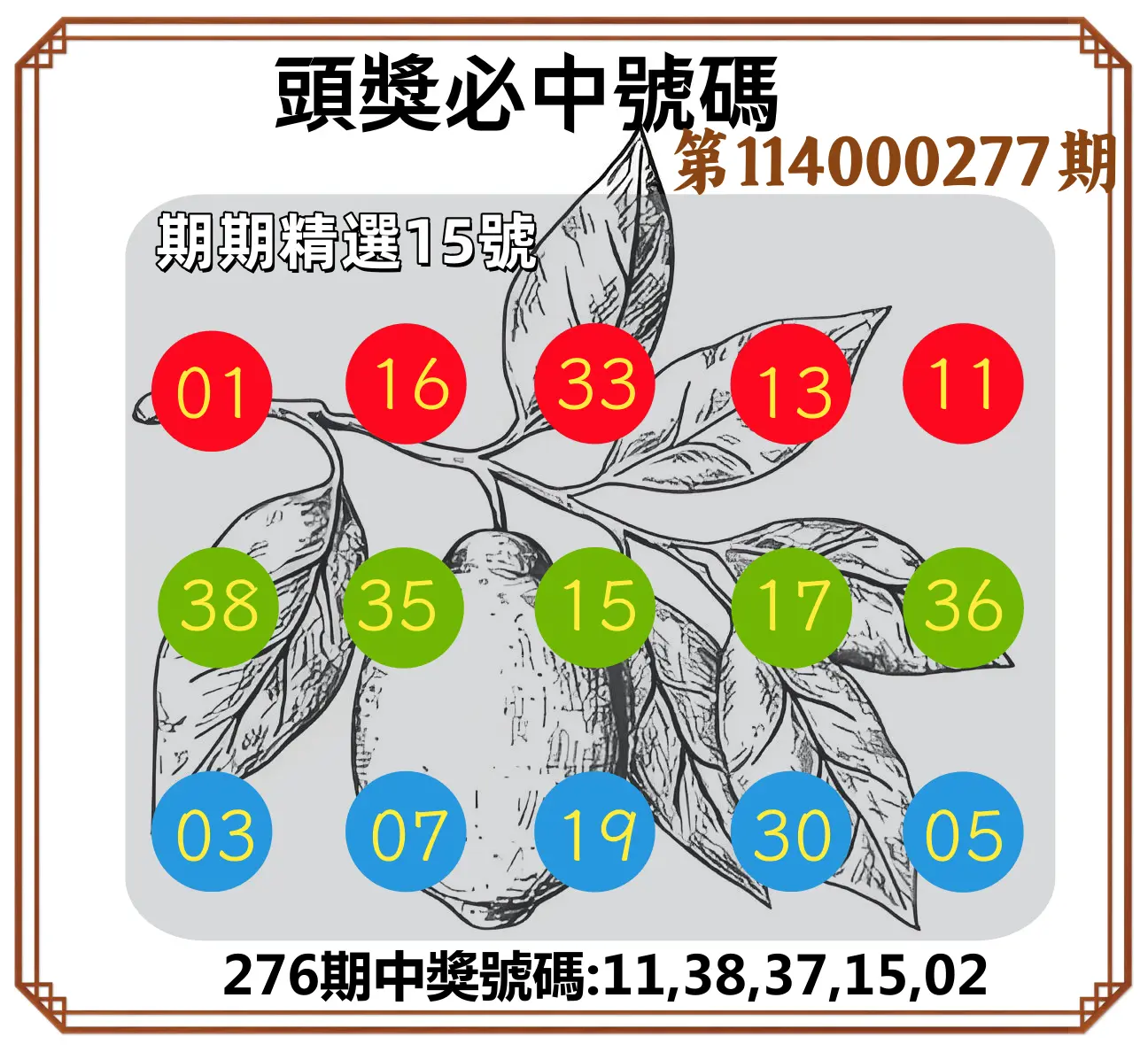今彩539第114000277期(11/15)頭獎號碼