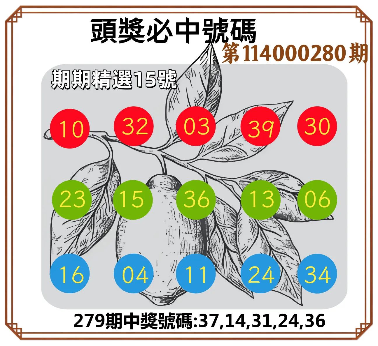 今彩539第114000280期(11/19)頭獎號碼