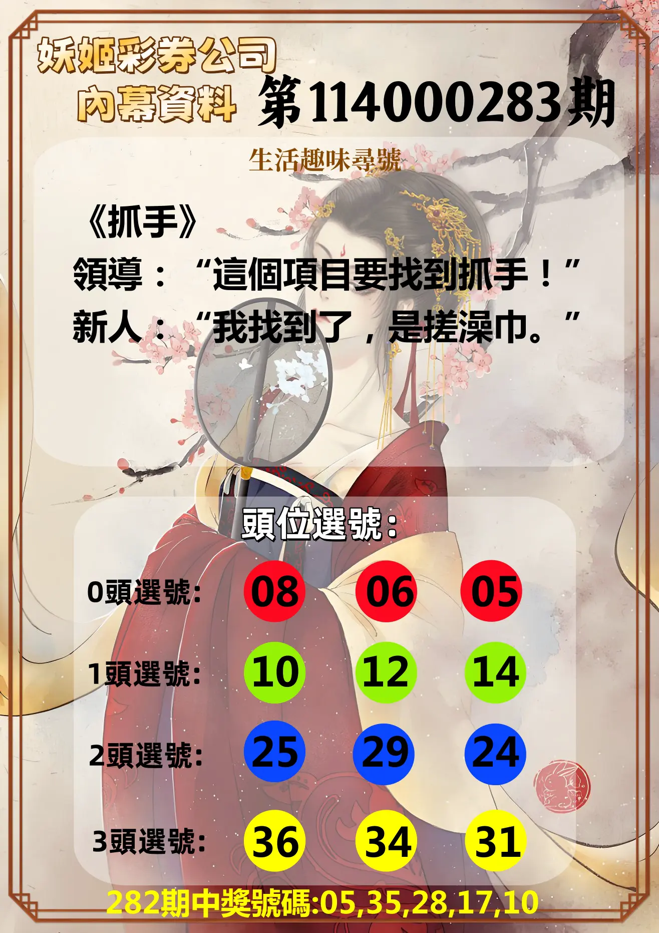 今彩539第114000283期(11/22)妖姬彩券公司內幕資料