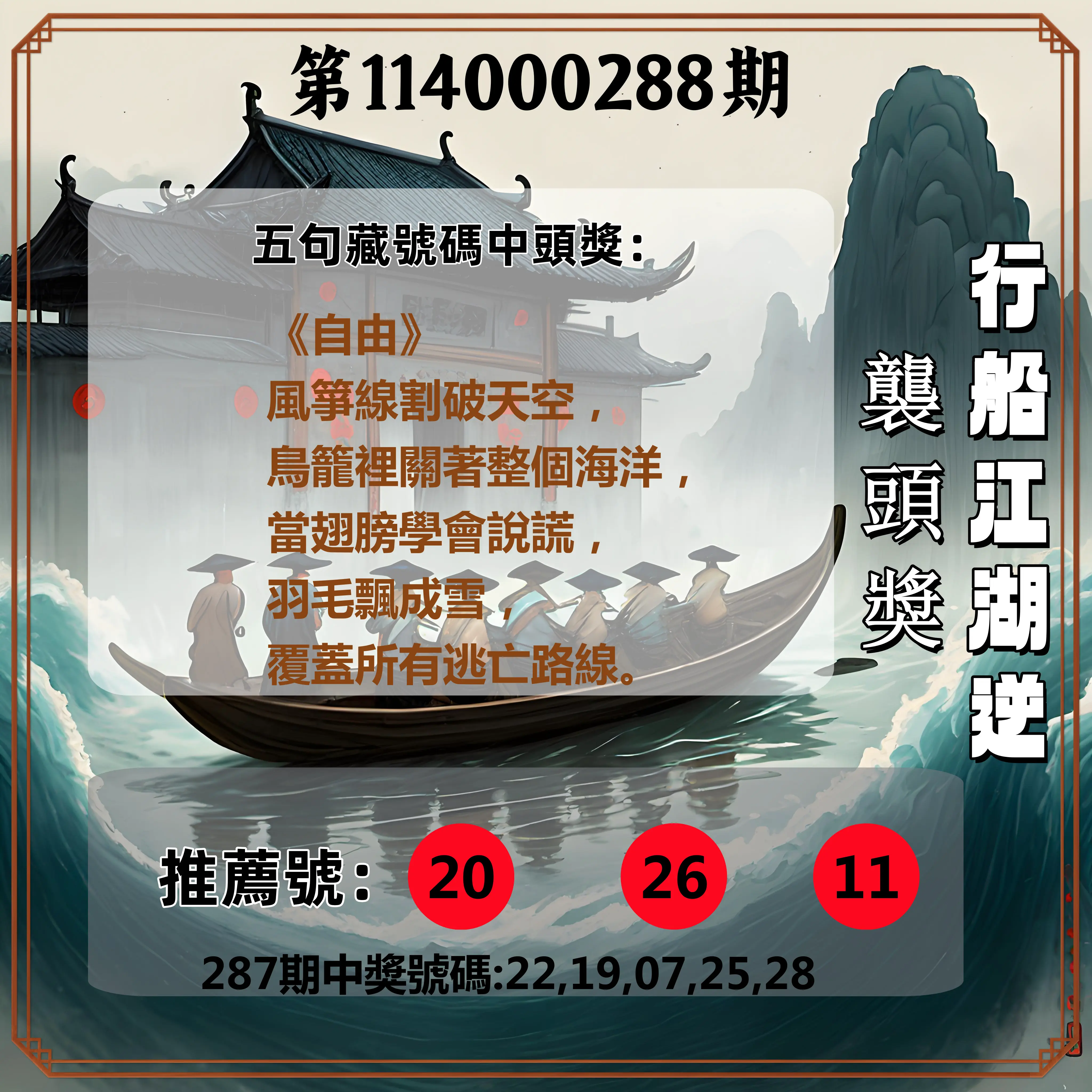 今彩539第114000288期(11/28)行船江湖逆襲頭獎