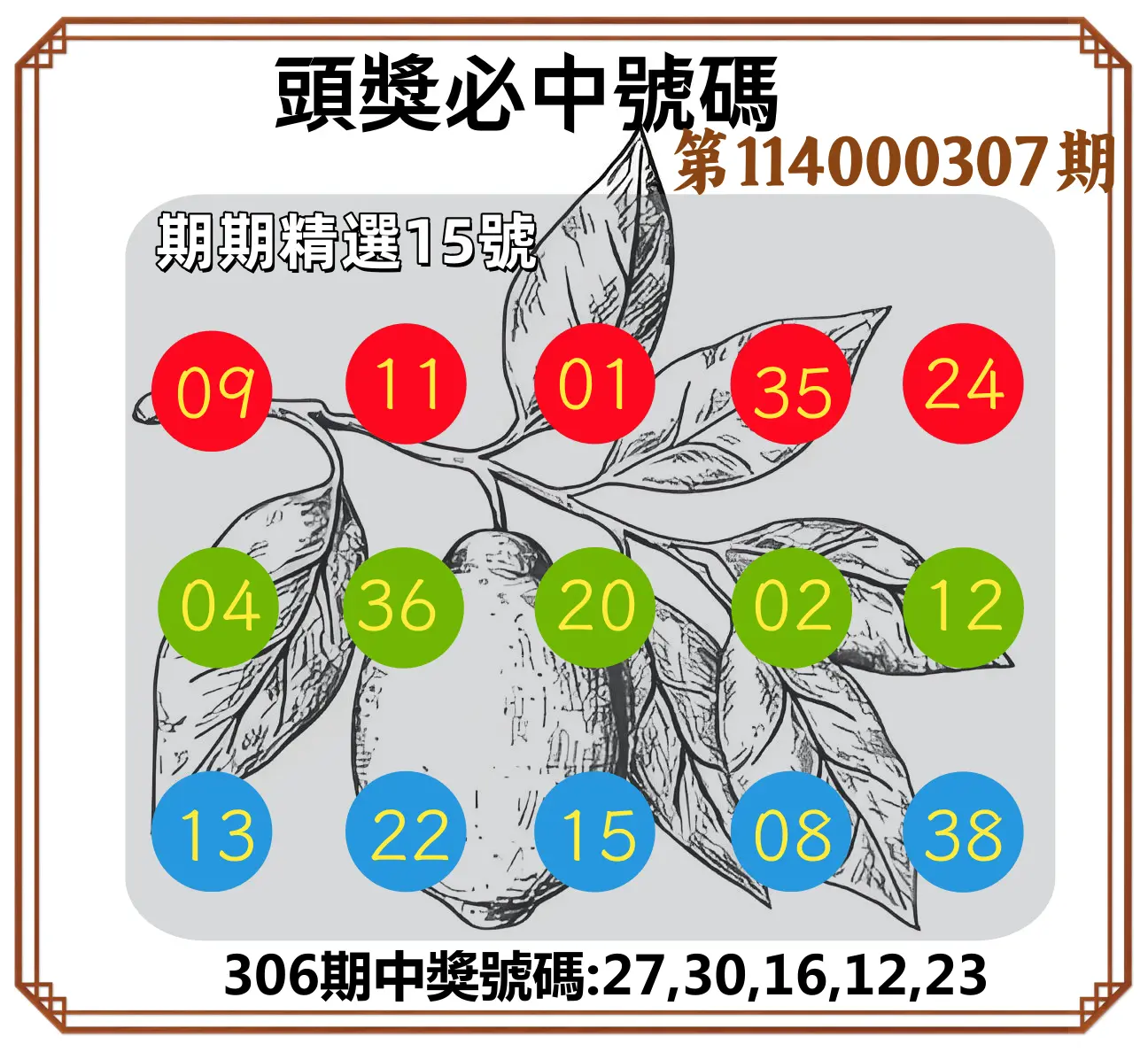 今彩539第114000307期(12/20)頭獎號碼