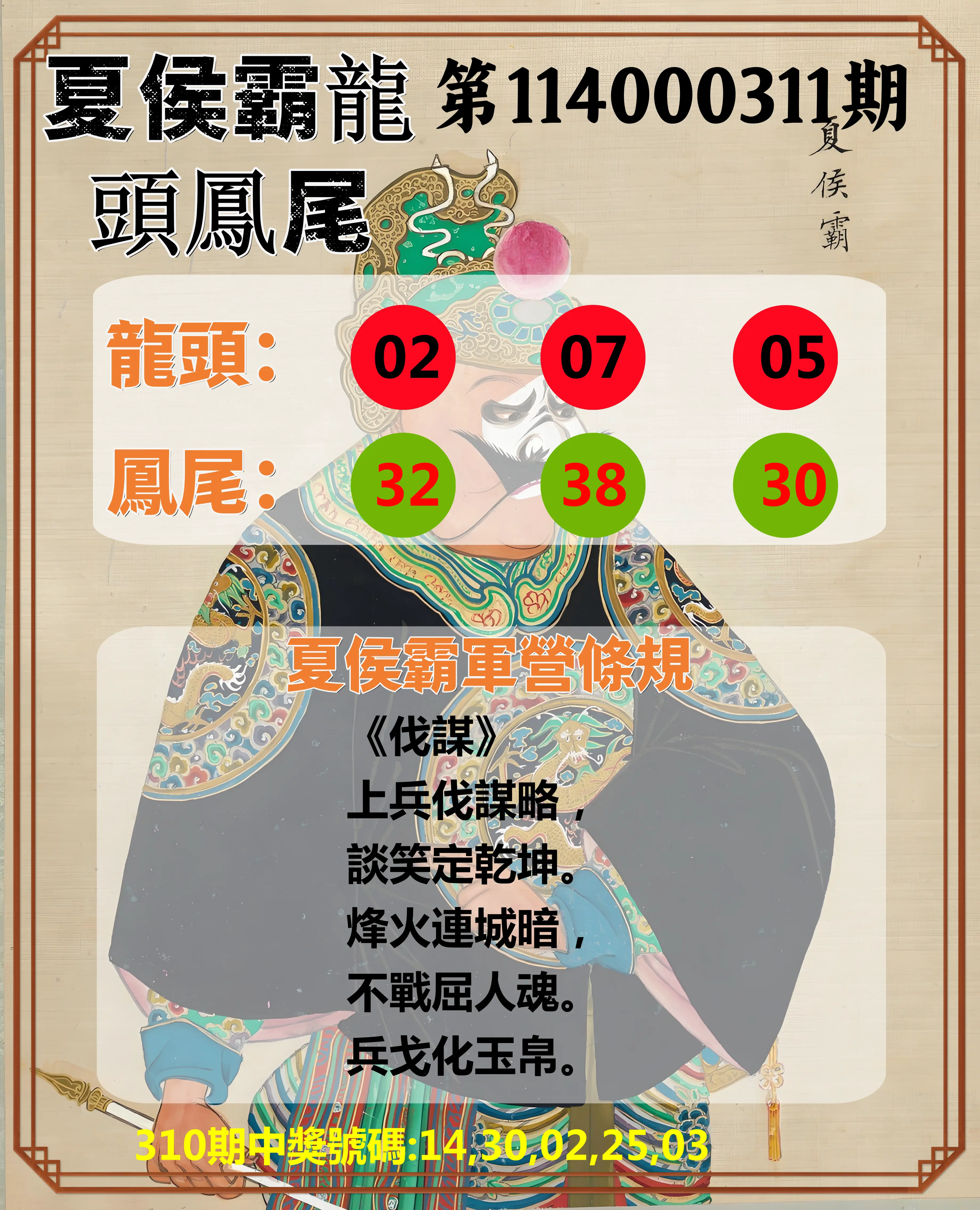 今彩539第114000311期(12/25)夏侯霸龍頭鳳尾