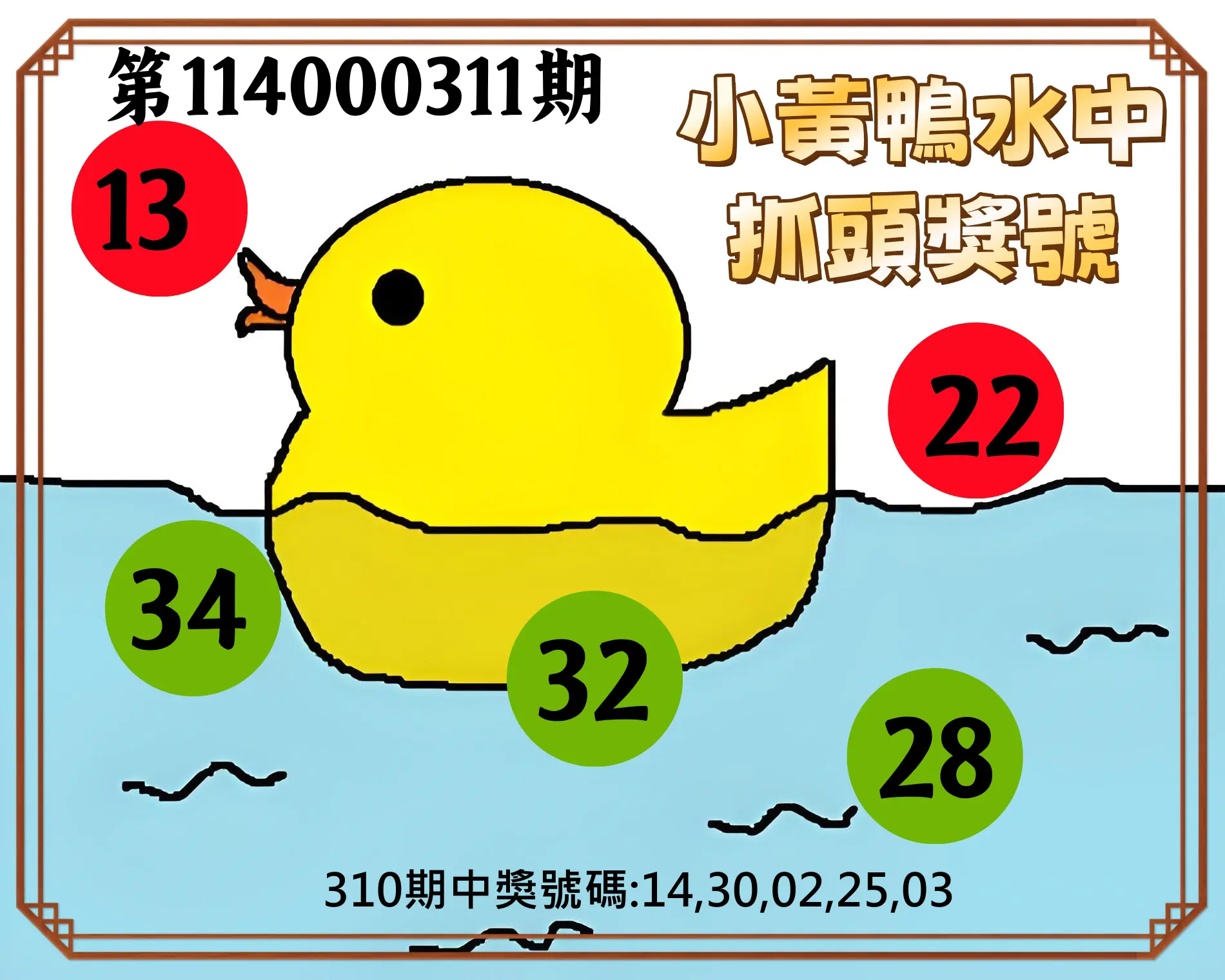 今彩539第114000311期(12/25)小黃鴨水中抓頭獎號