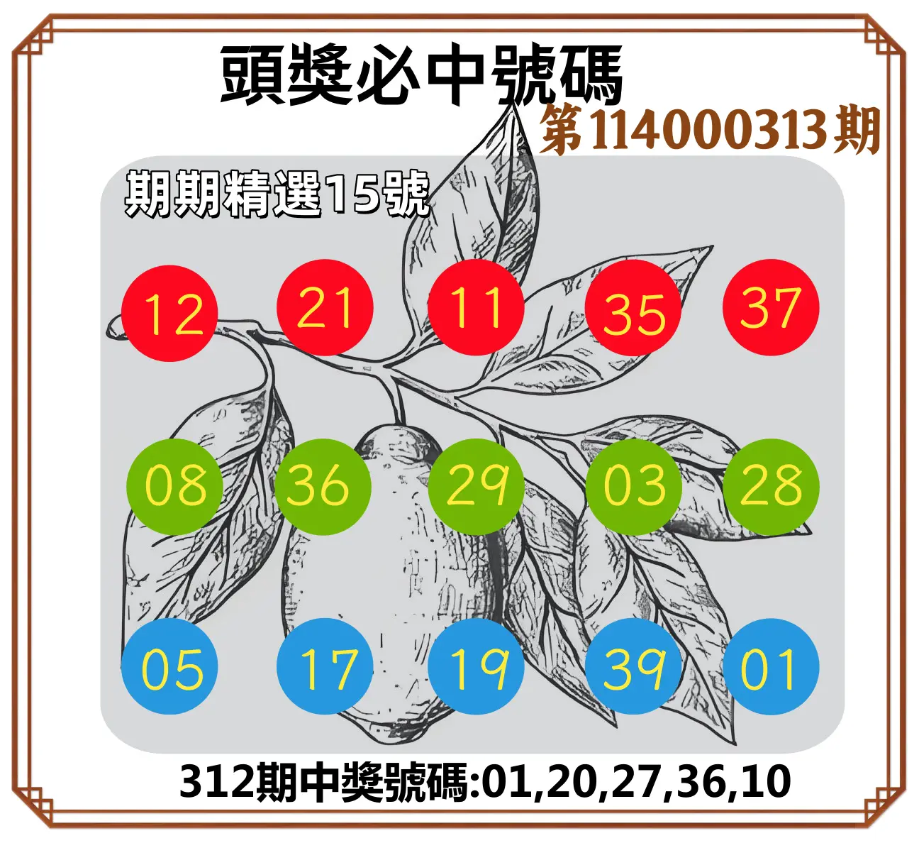今彩539第114000313期(12/27)頭獎號碼