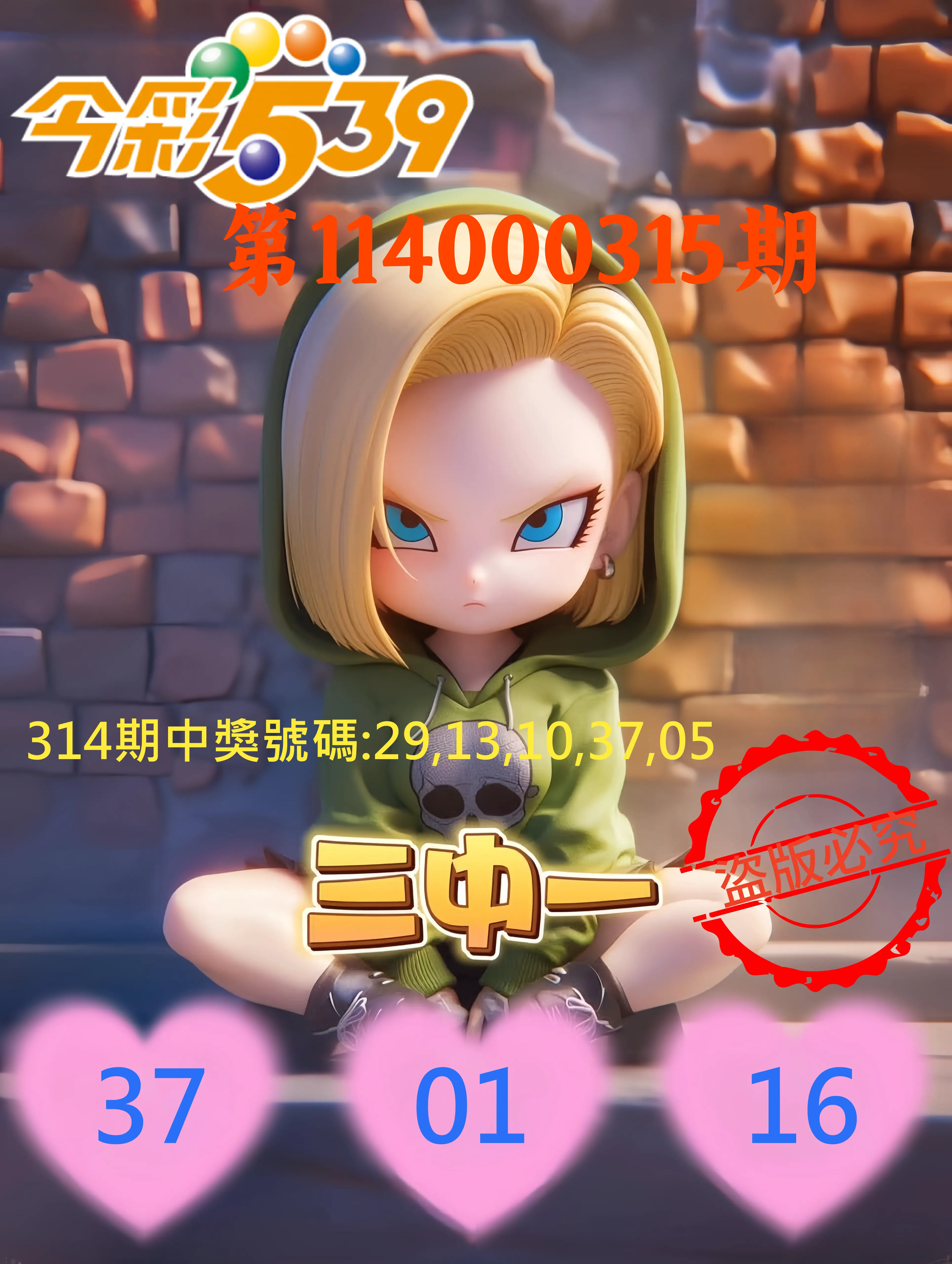 今彩539第114000315期(12/30)今彩539孫恩淑三中壹牌號