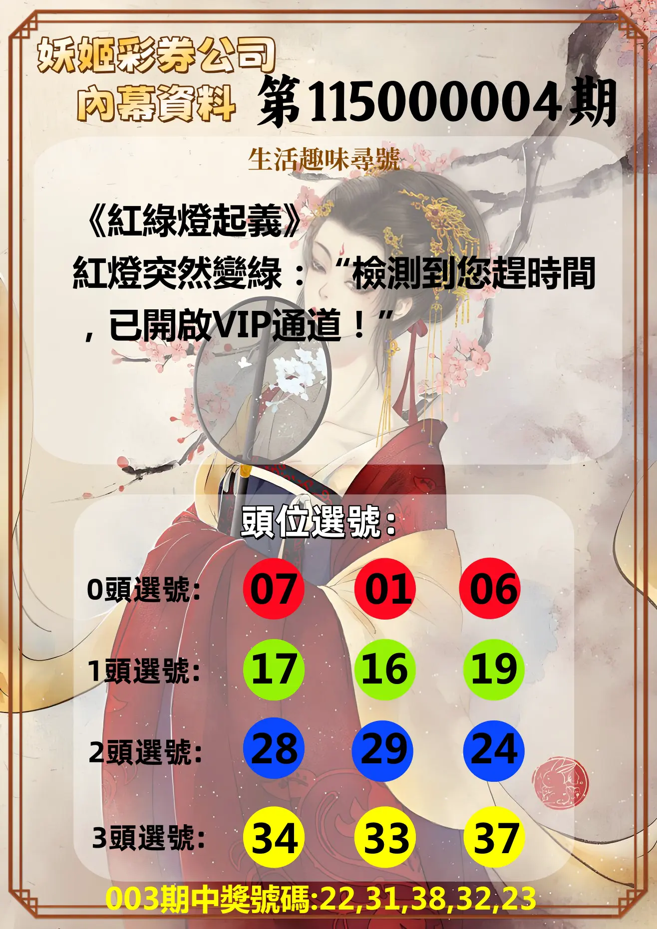 今彩539第115000004期(01/05)妖姬彩券公司內幕資料