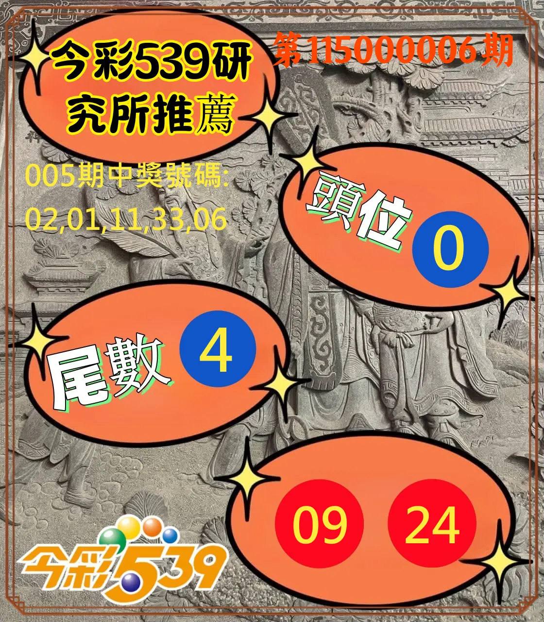 今彩539第115000006期(01/07)今彩539研究所推薦