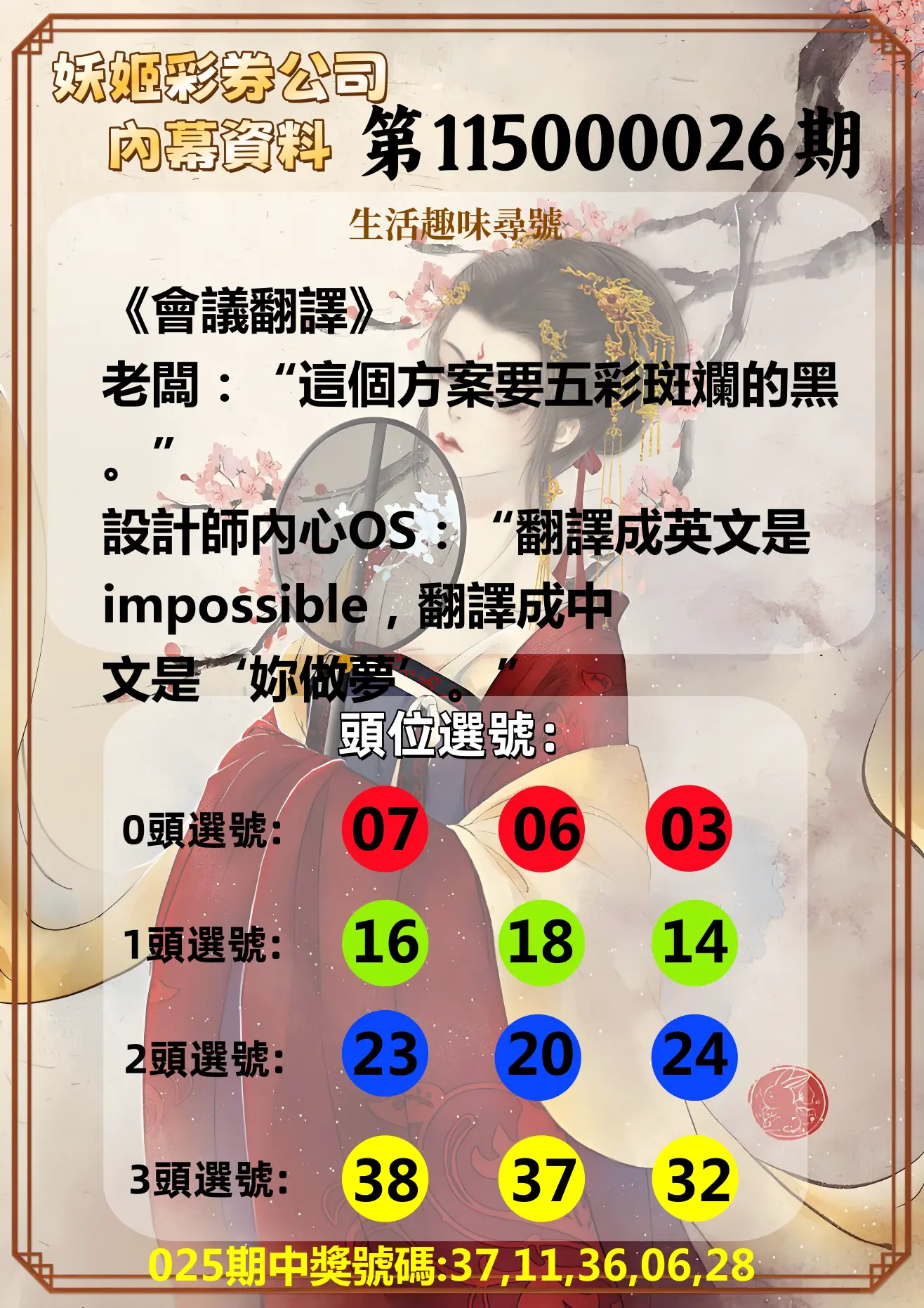 今彩539第115000026期(01/30)妖姬彩券公司內幕資料