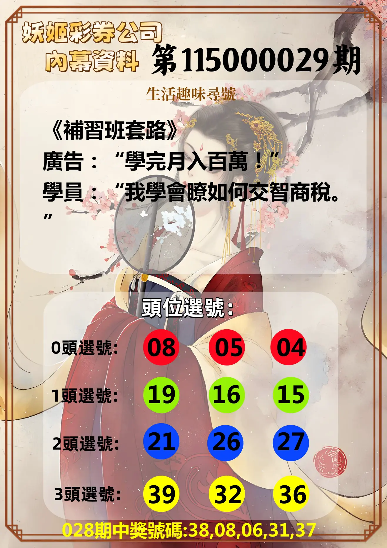 今彩539第115000029期(02/03)妖姬彩券公司內幕資料