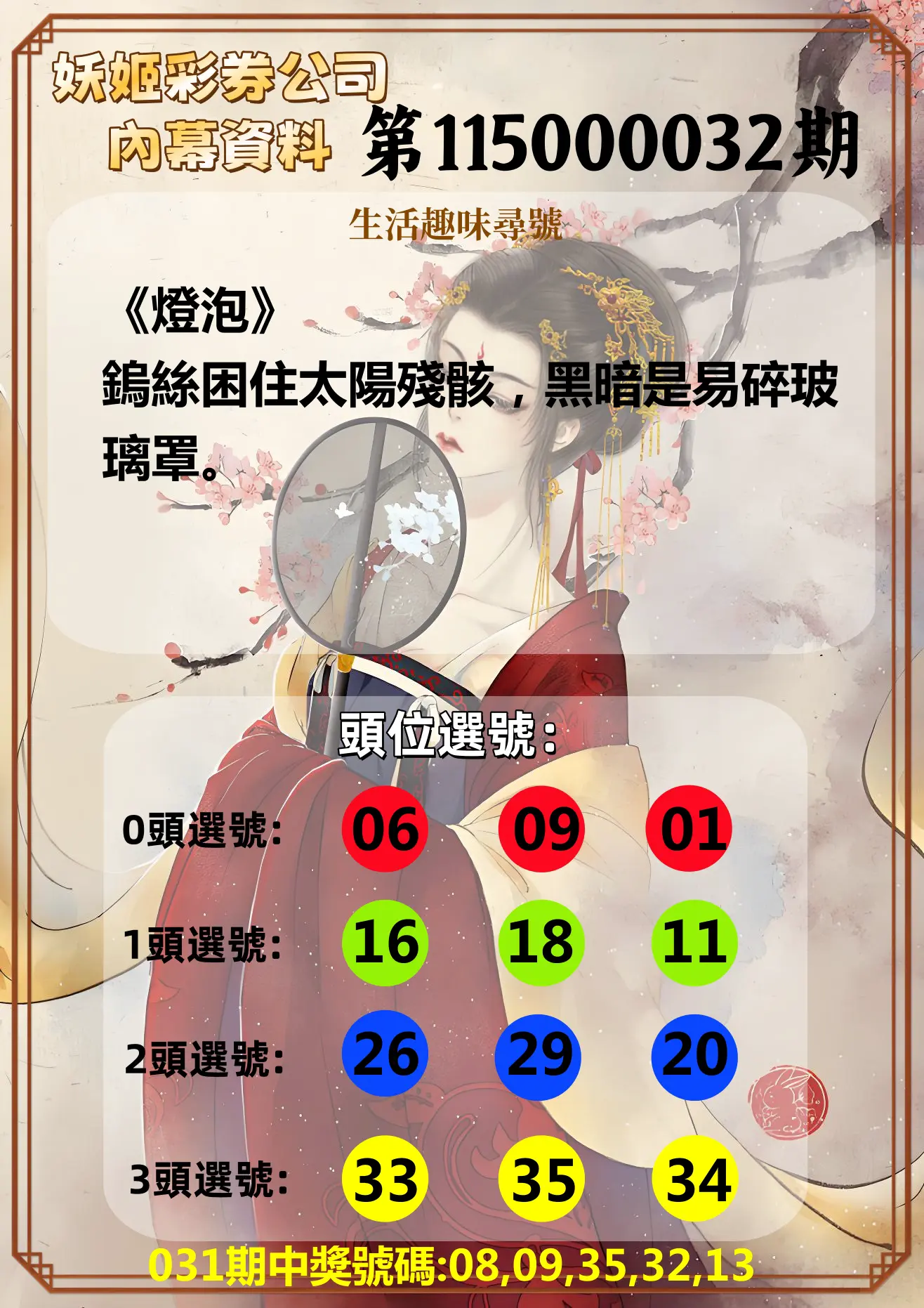 今彩539第115000032期(02/06)妖姬彩券公司內幕資料