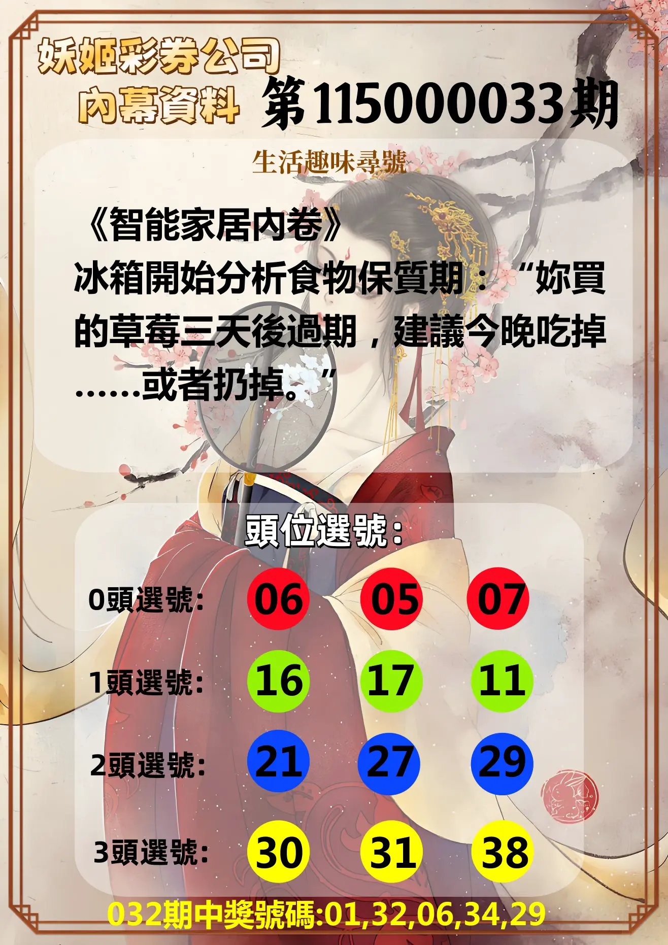 今彩539第115000033期(02/07)妖姬彩券公司內幕資料