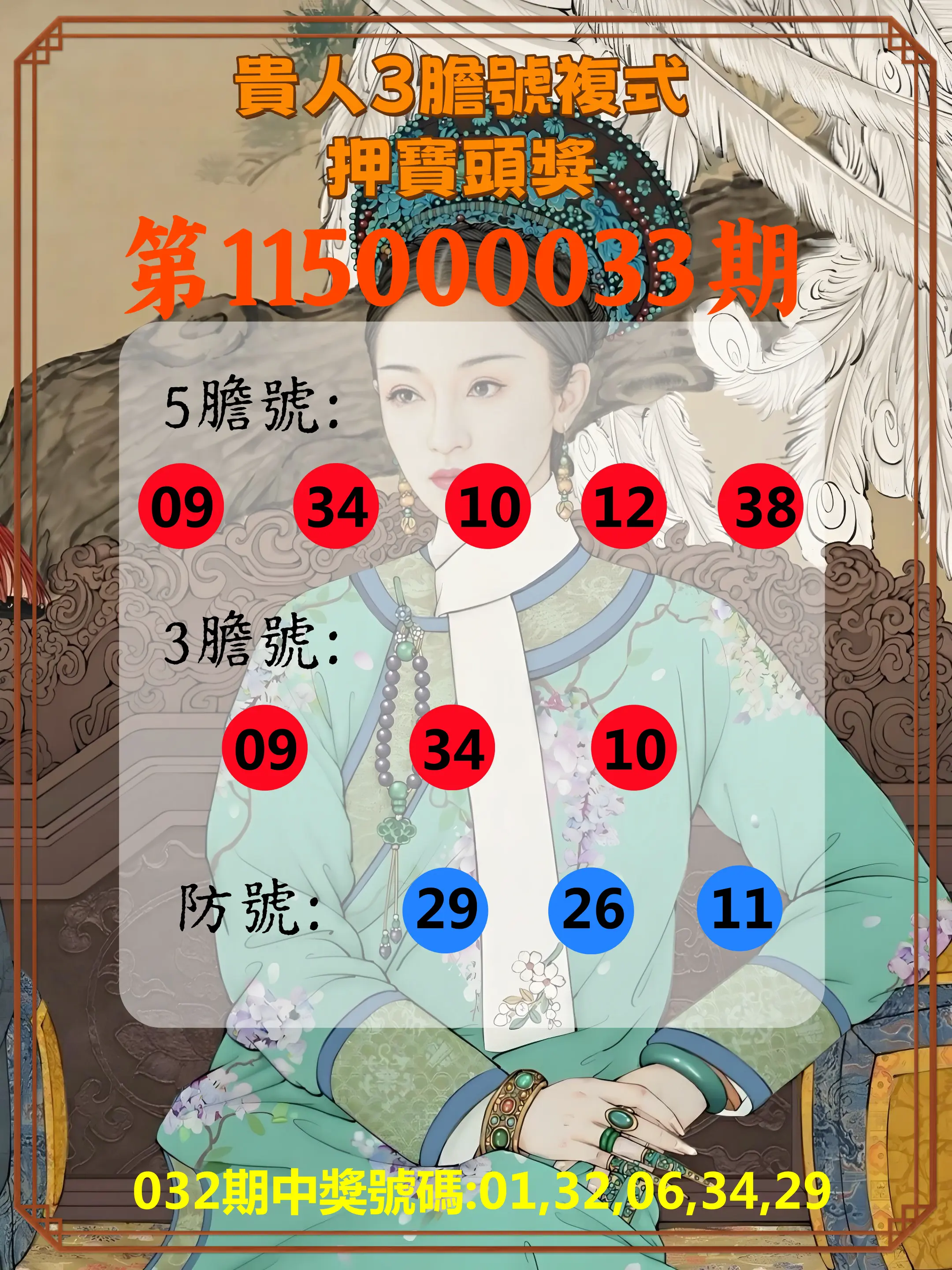 今彩539第115000033期(02/07)貴人3膽號複式押寶頭獎