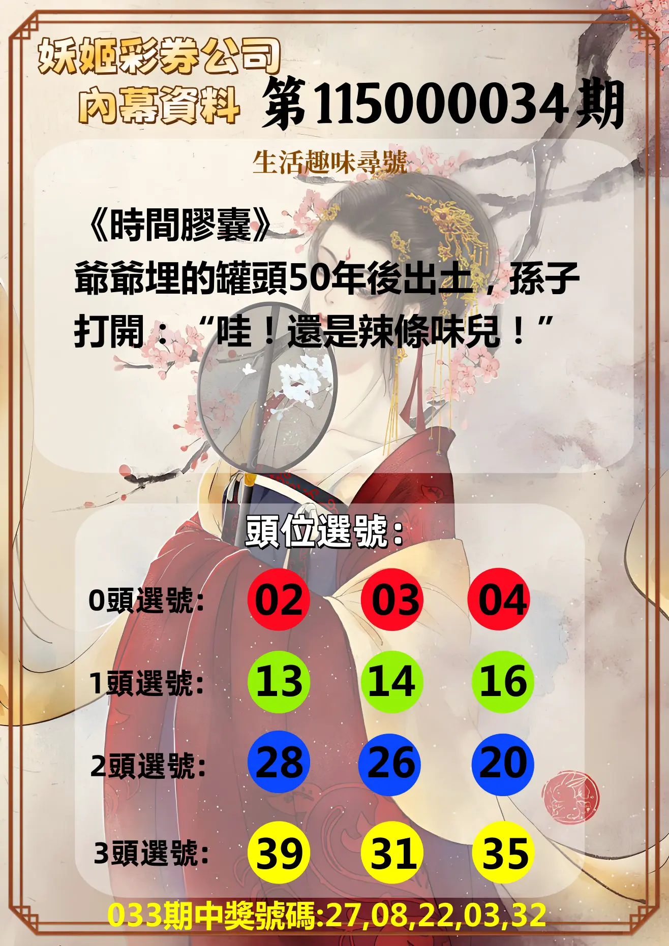 今彩539第115000034期(02/09)妖姬彩券公司內幕資料