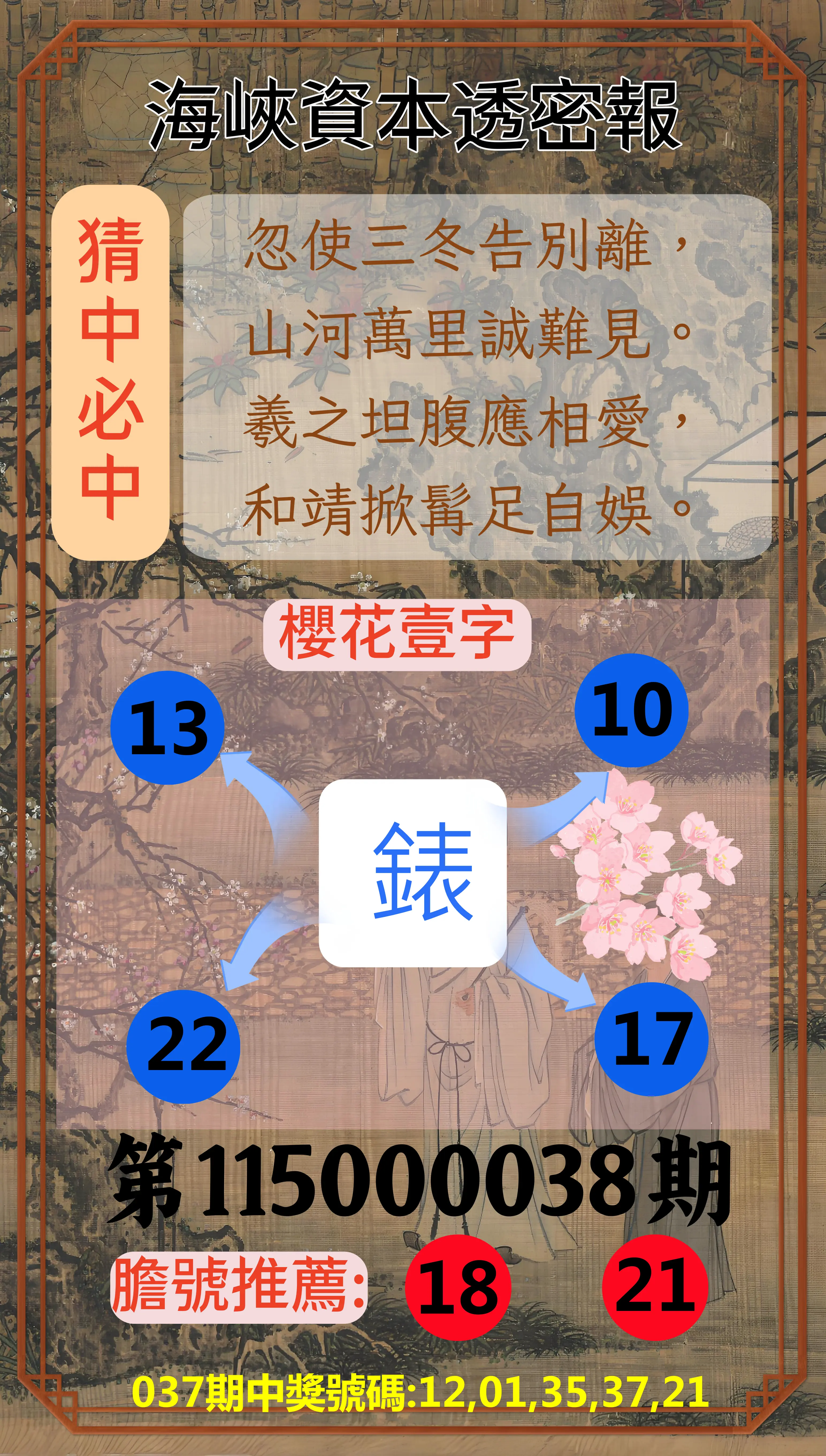 今彩539第115000038期(02/13)海峽資本透密報