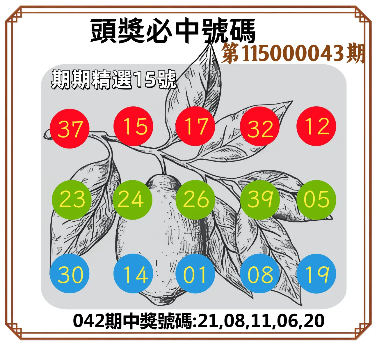 今彩539第115000043期(02/18)頭獎號碼