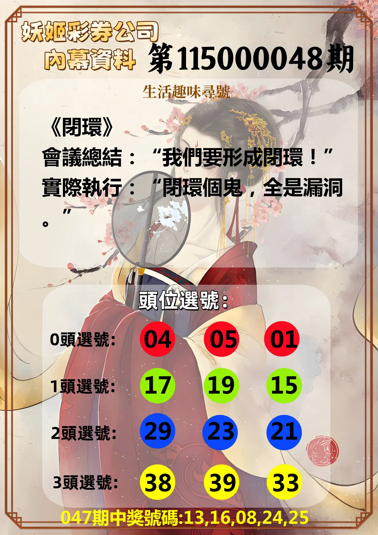 今彩539第115000048期(02/23)妖姬彩券公司內幕資料