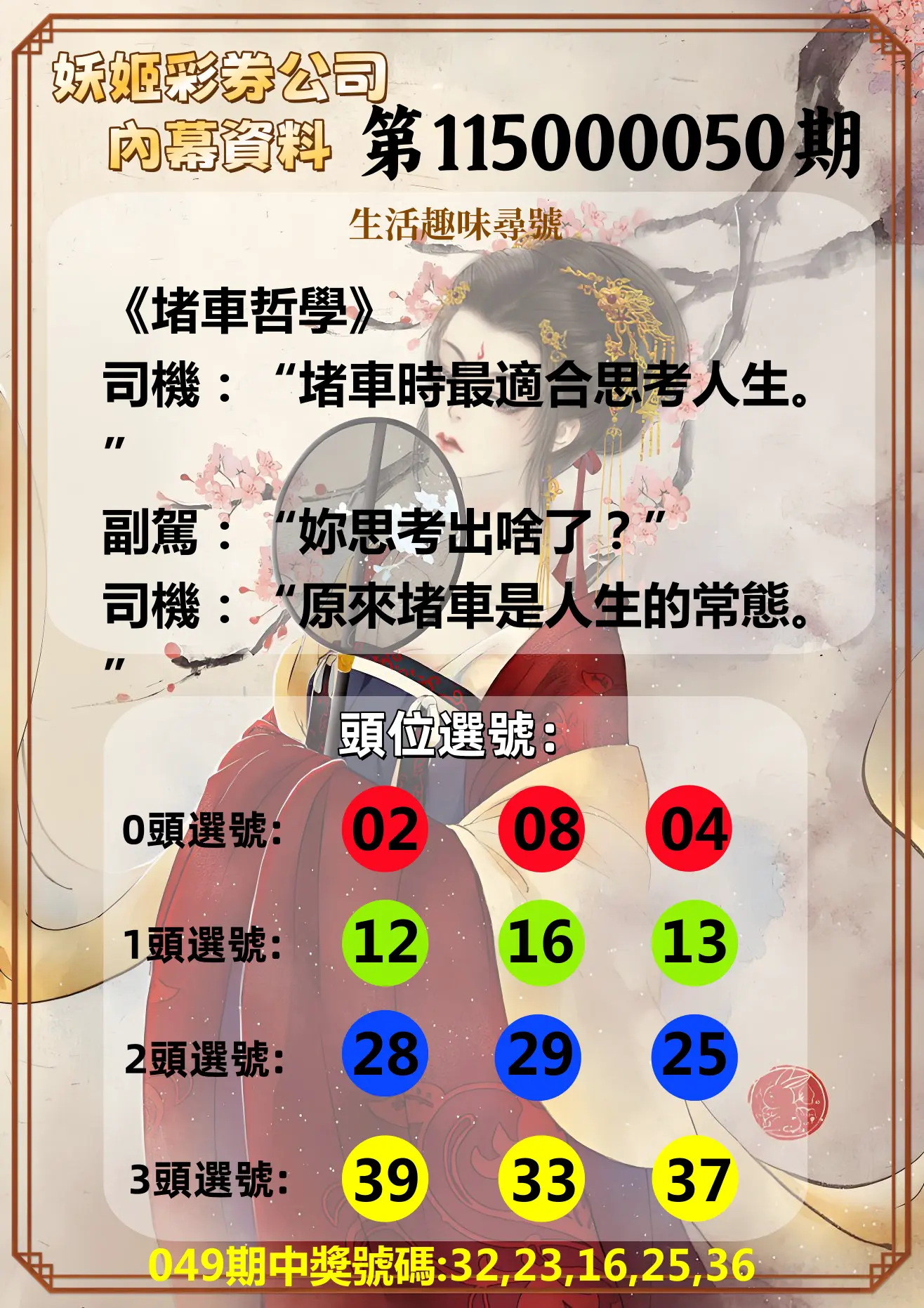 今彩539第115000050期(02/25)妖姬彩券公司內幕資料