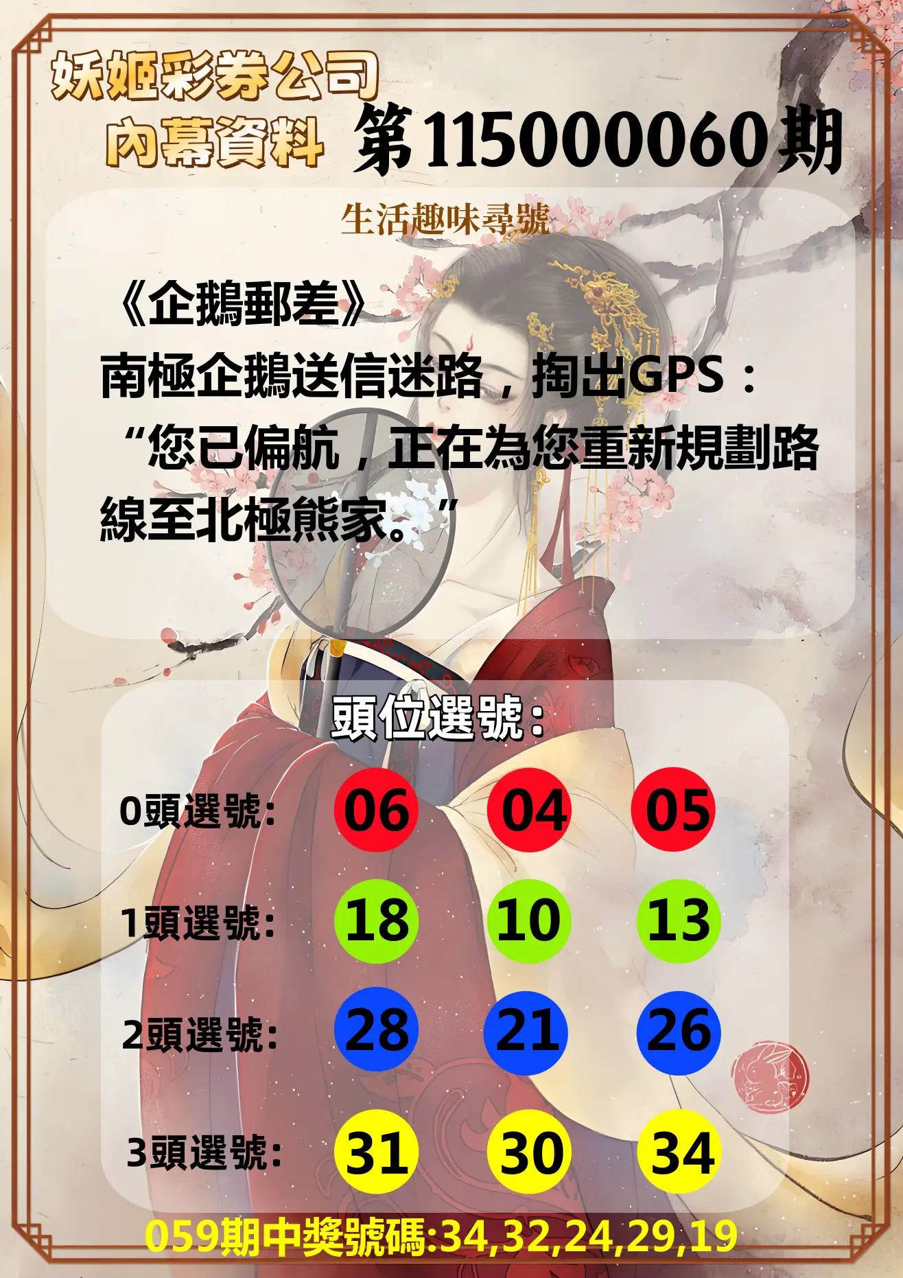 今彩539第115000060期(03/07)妖姬彩券公司內幕資料