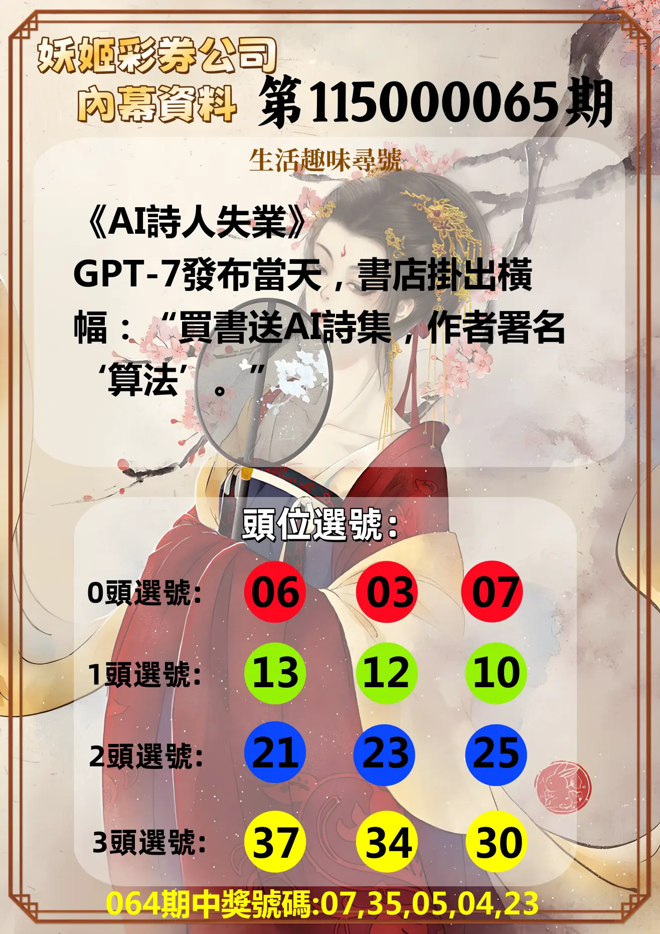 今彩539第115000065期(03/13)妖姬彩券公司內幕資料