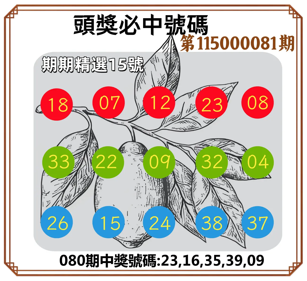 今彩539第115000081期(04/01)頭獎號碼