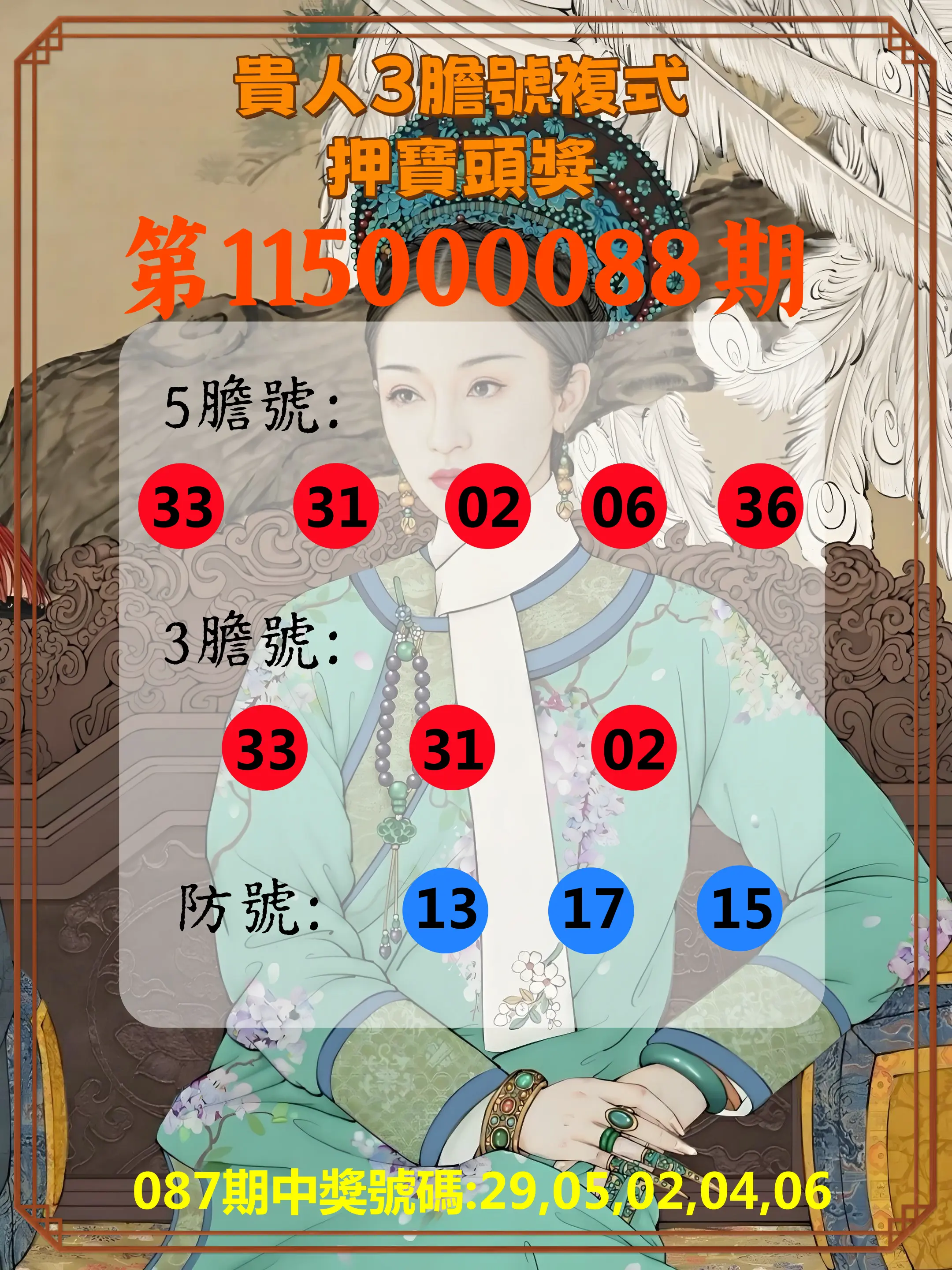 今彩539第115000088期(04/09)貴人3膽號複式押寶頭獎