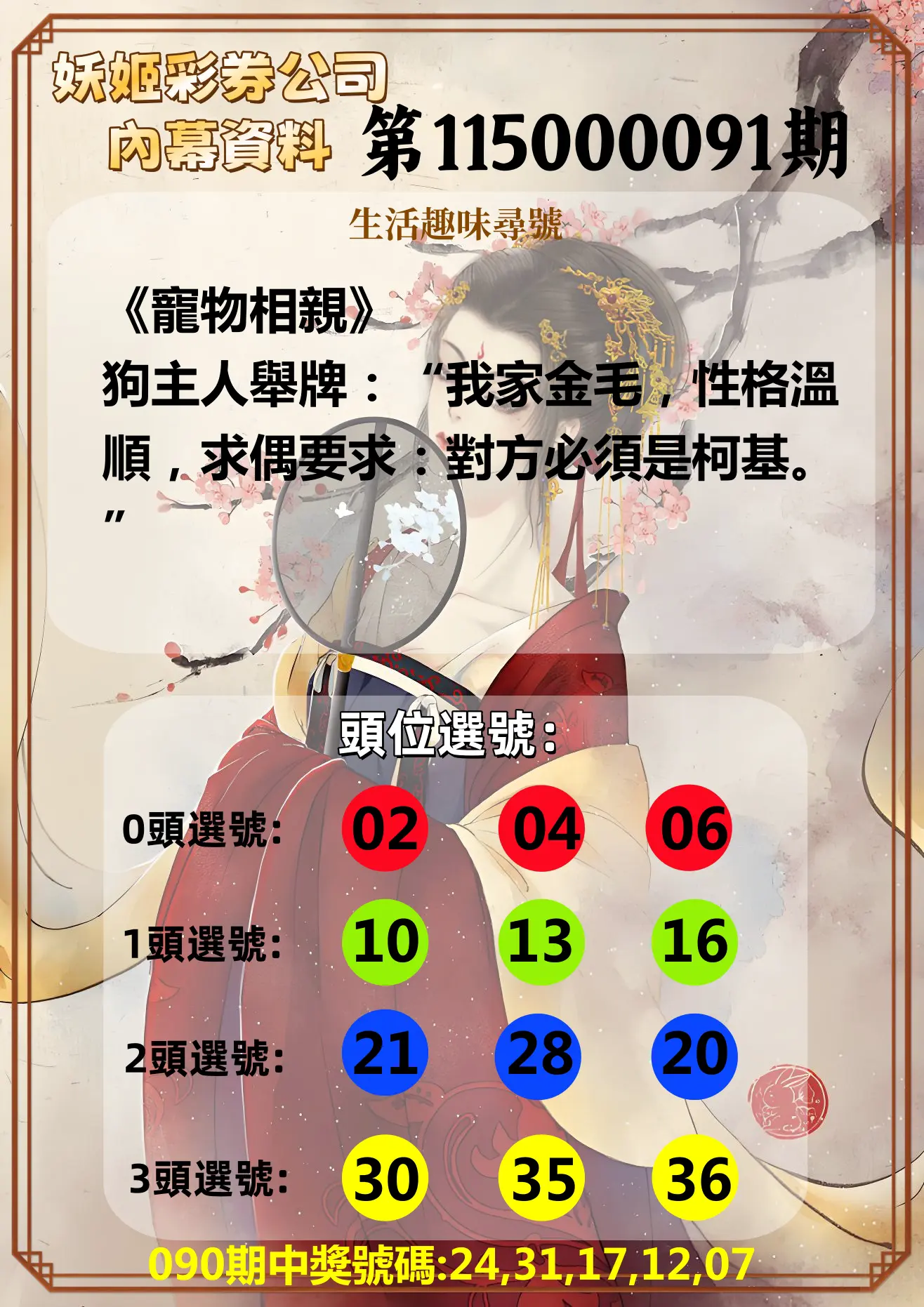 今彩539第115000091期(04/13)妖姬彩券公司內幕資料