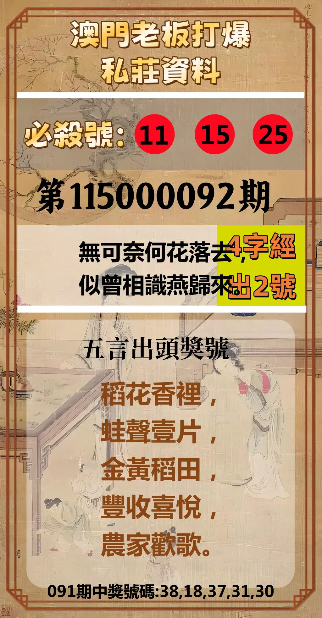 今彩539第115000092期(04/14)澳門老板打爆私莊資料