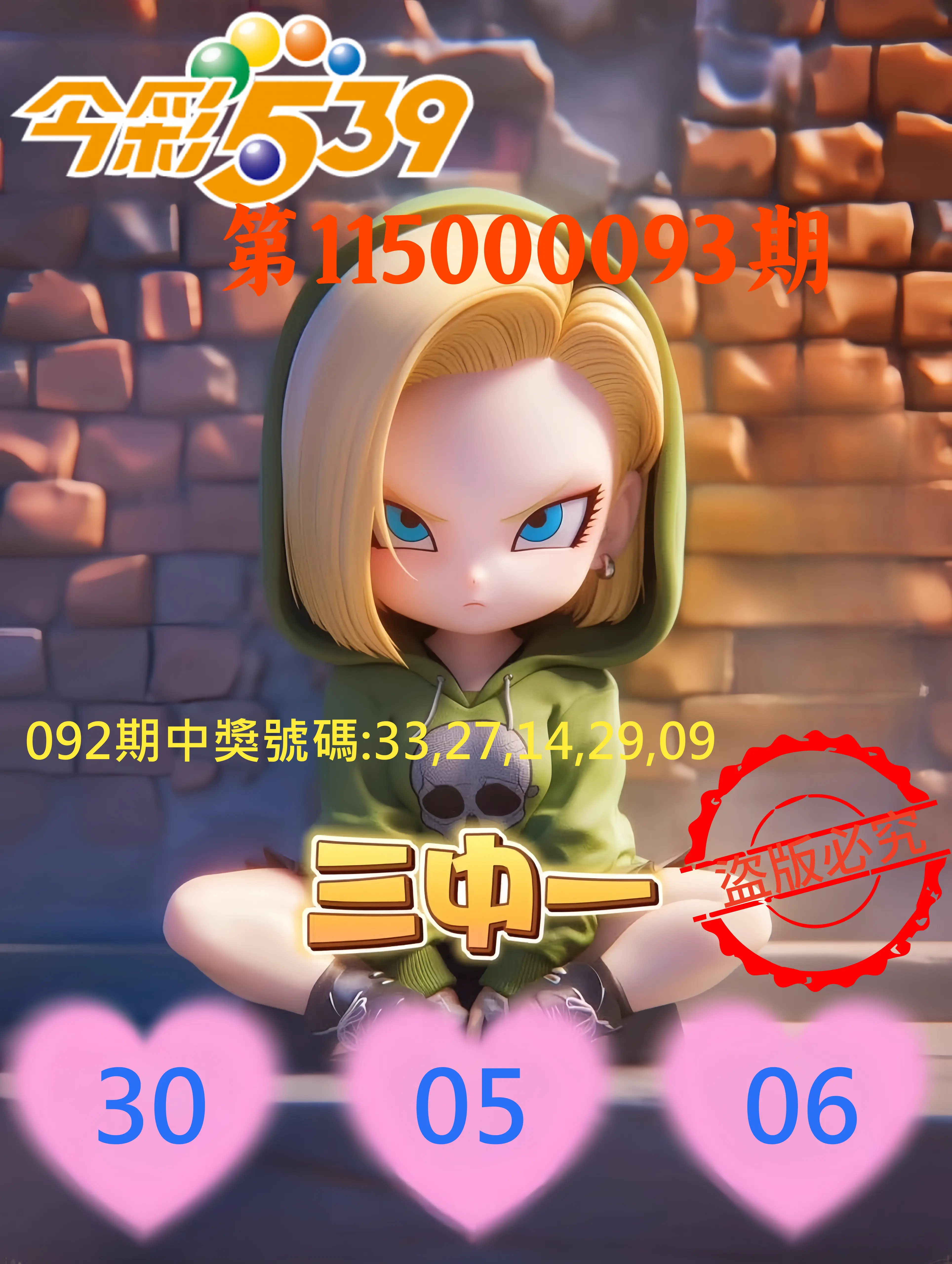 今彩539第115000093期(04/15)今彩539孫恩淑三中壹牌號