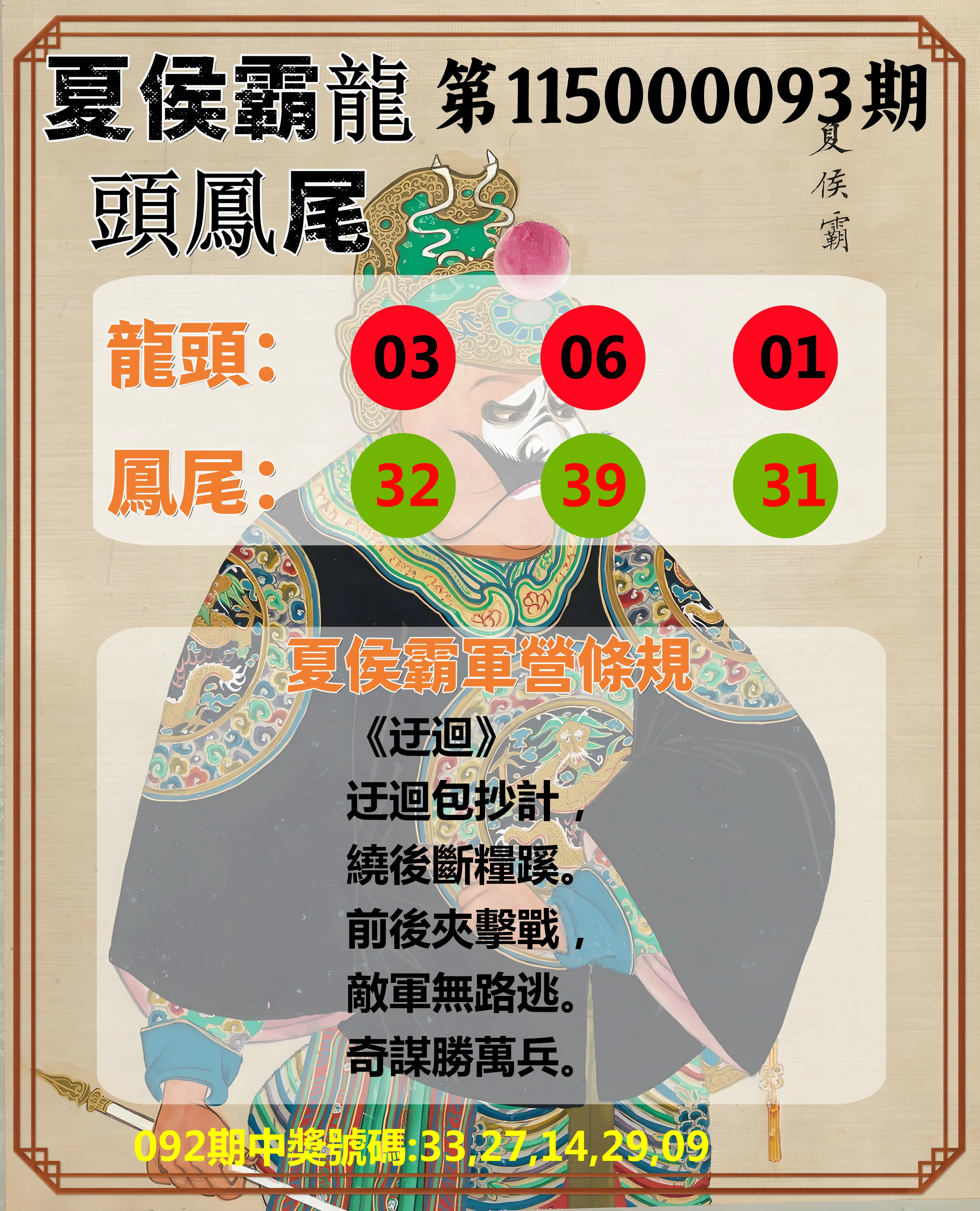 今彩539第115000093期(04/15)夏侯霸龍頭鳳尾