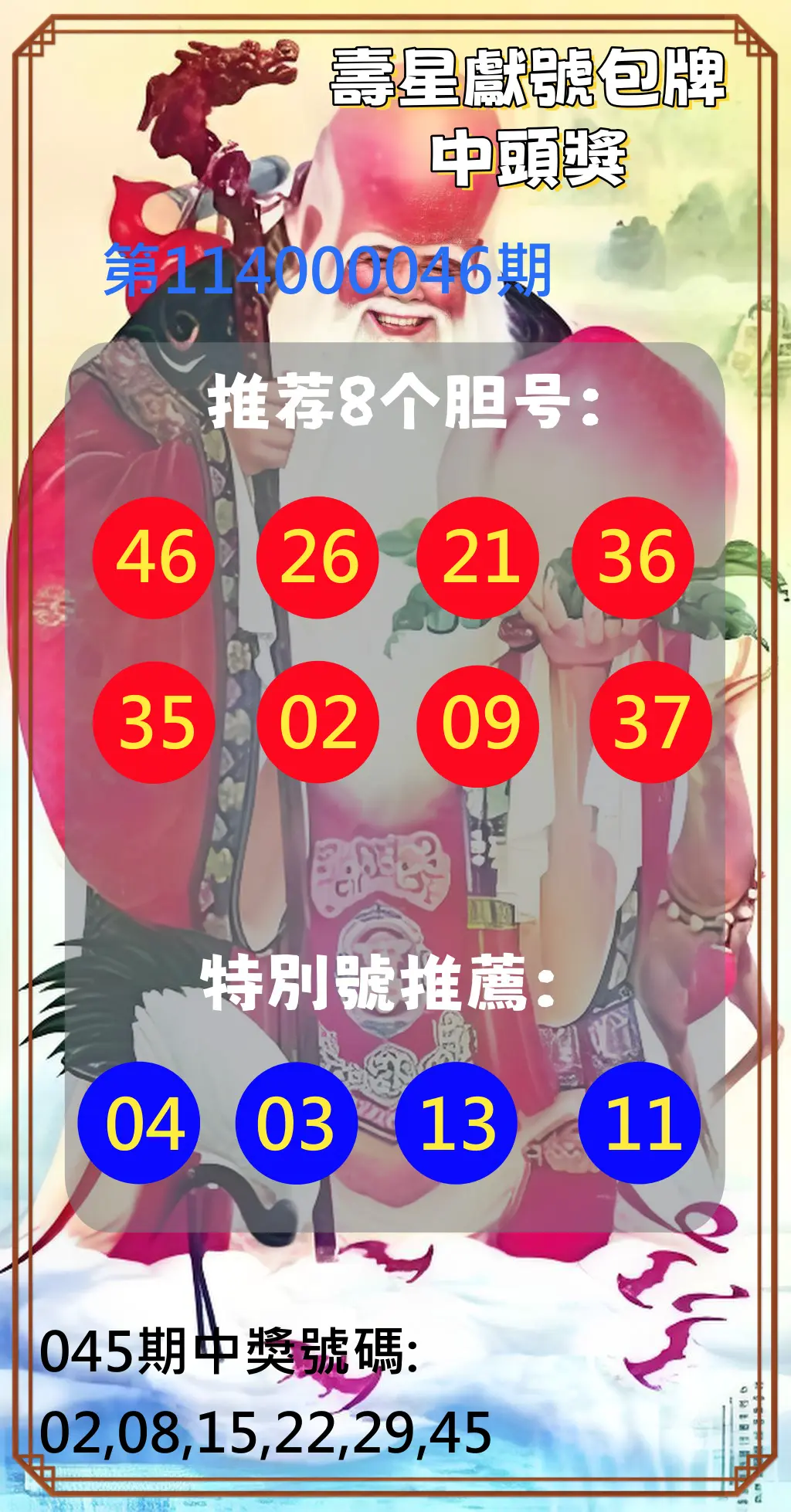 大樂透第114000046期壽星獻號包牌中頭獎