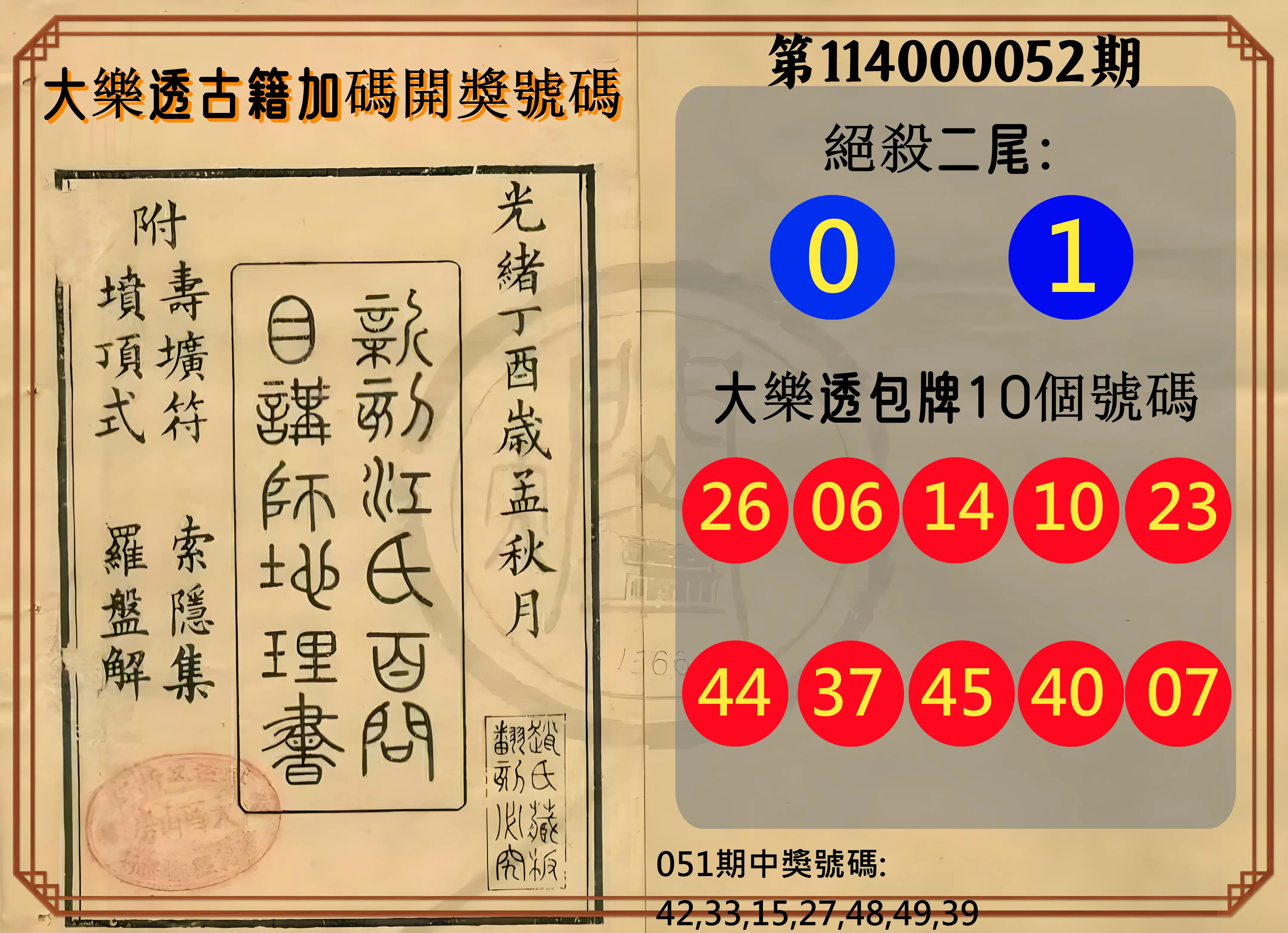 大樂透第114000052期大樂透古籍加碼開獎號碼
