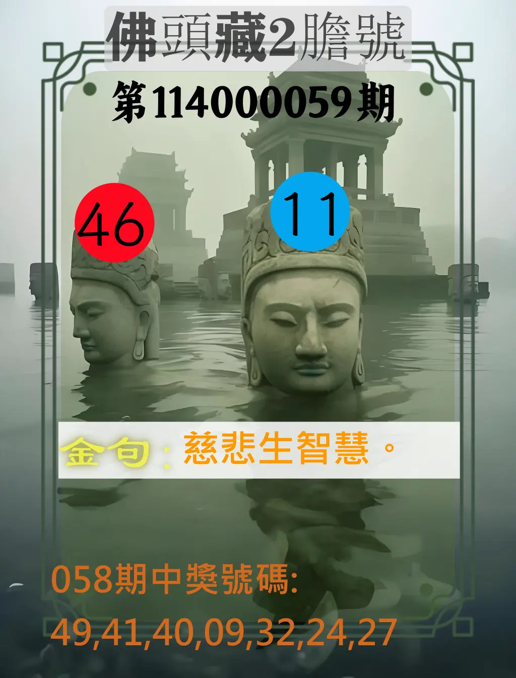 大樂透第114000059期佛頭藏2膽號