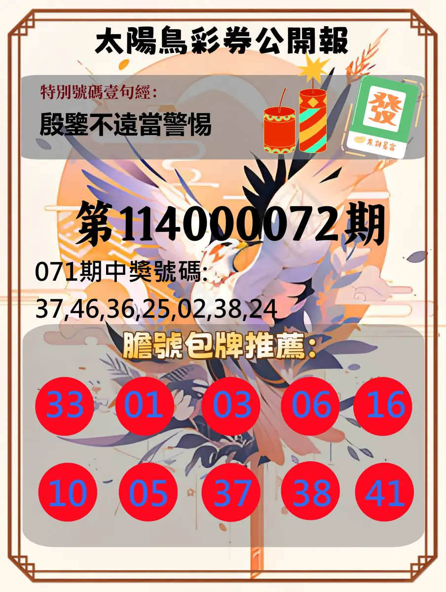 大樂透第114000072期(07/22)太陽鳥彩券公開報