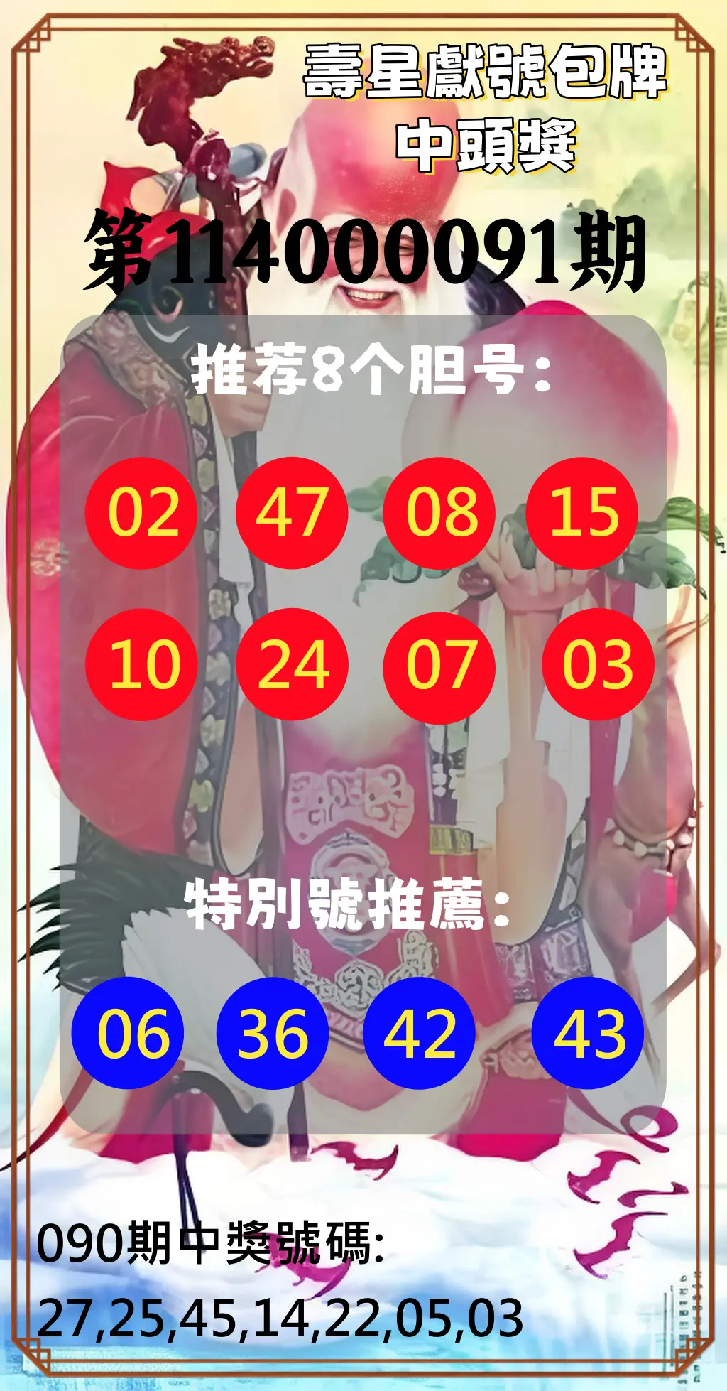 大樂透第114000091期(09/26)壽星獻號包牌中頭獎