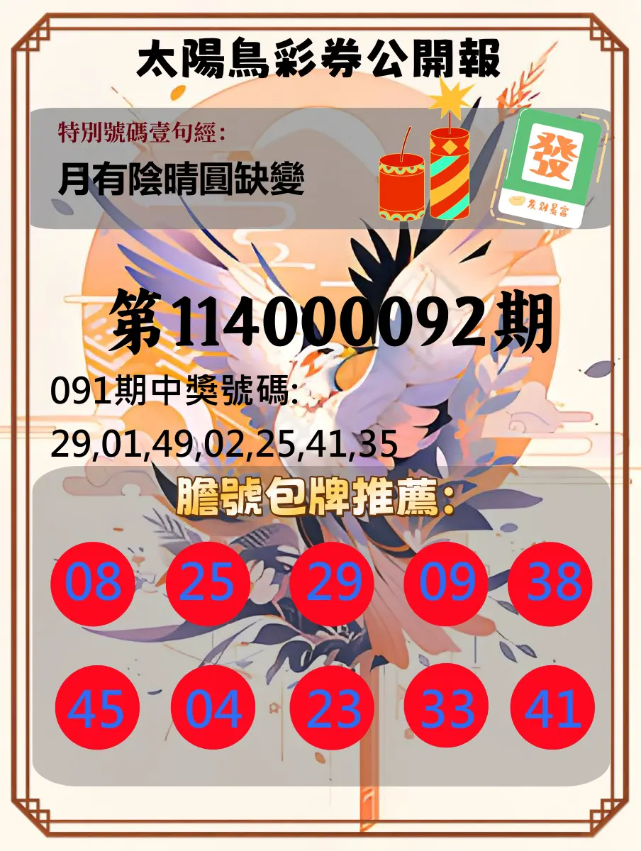 大樂透第114000092期(09/30)太陽鳥彩券公開報