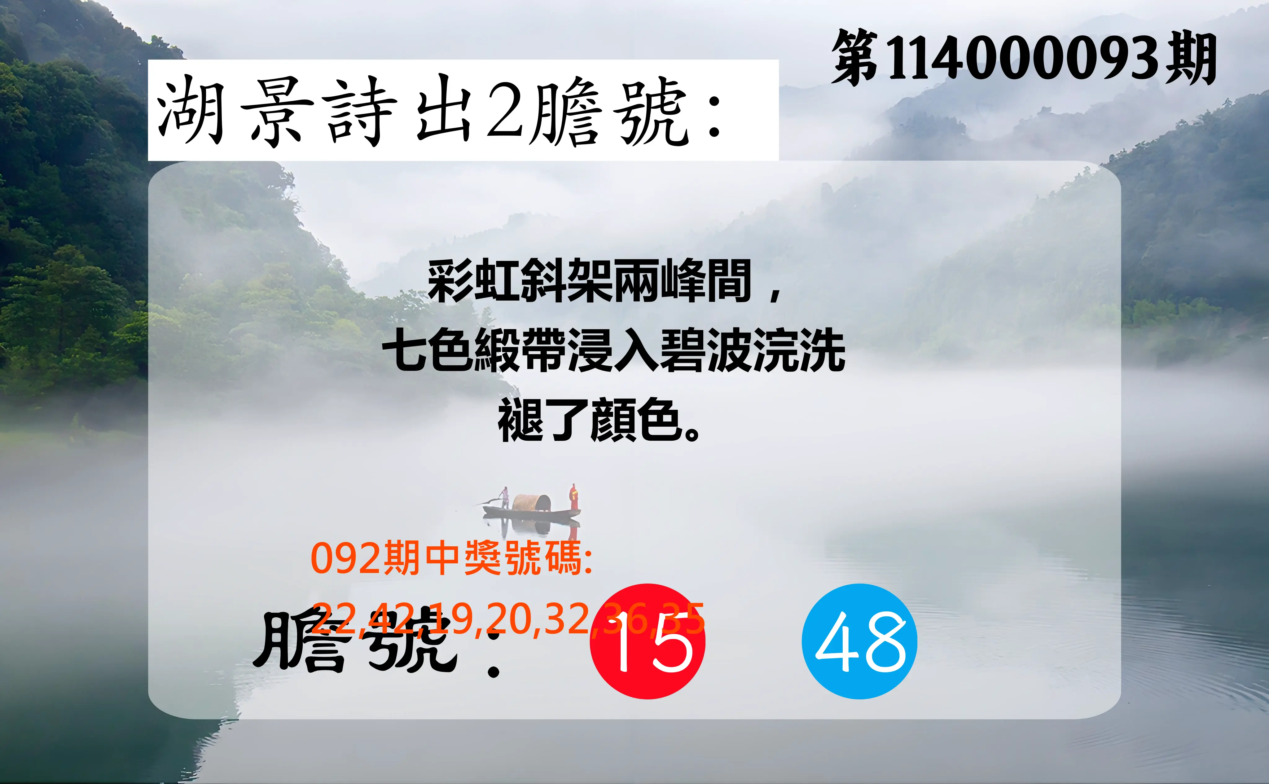 大樂透第114000093期(10/03)湖景詩出2膽號