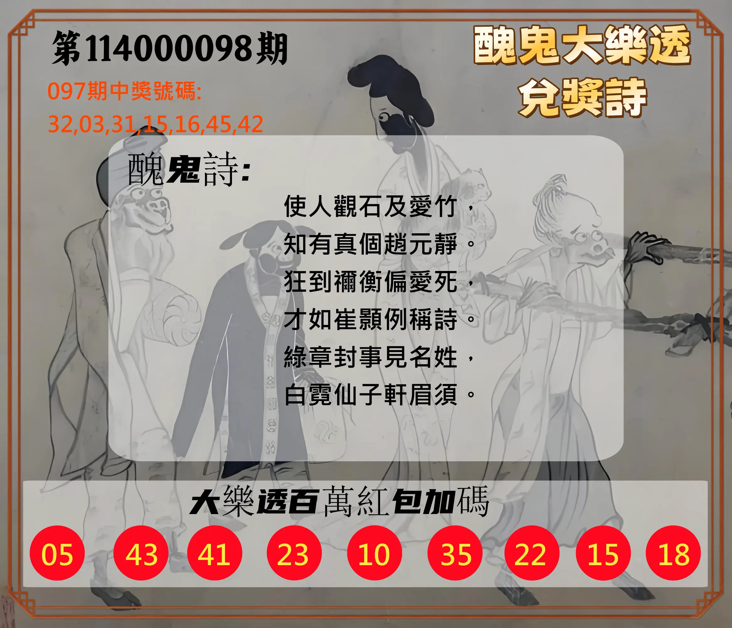 大樂透第114000098期(10/21)醜鬼大樂透兌獎詩