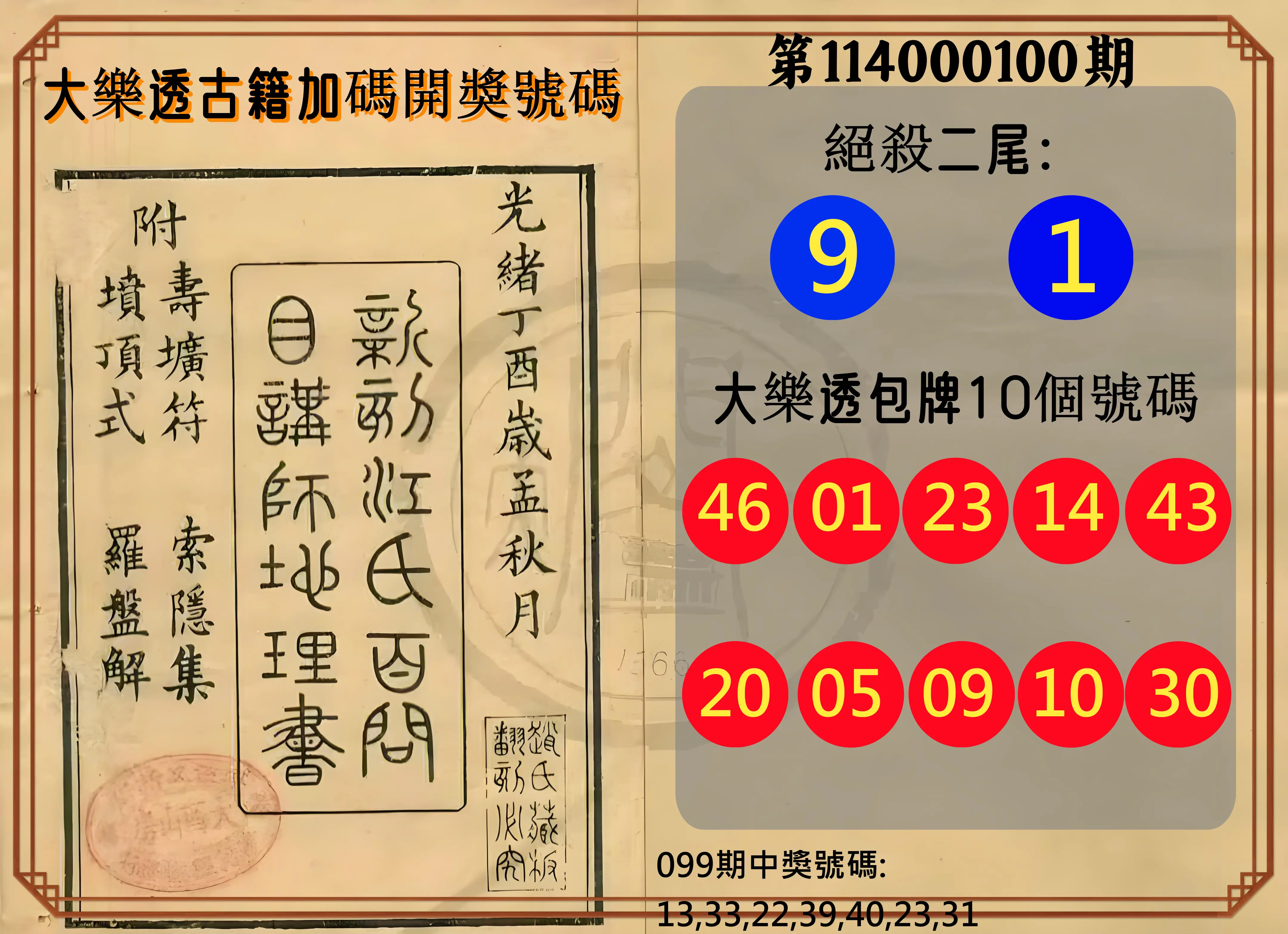 大樂透第114000100期(10/28)大樂透古籍加碼開獎號碼