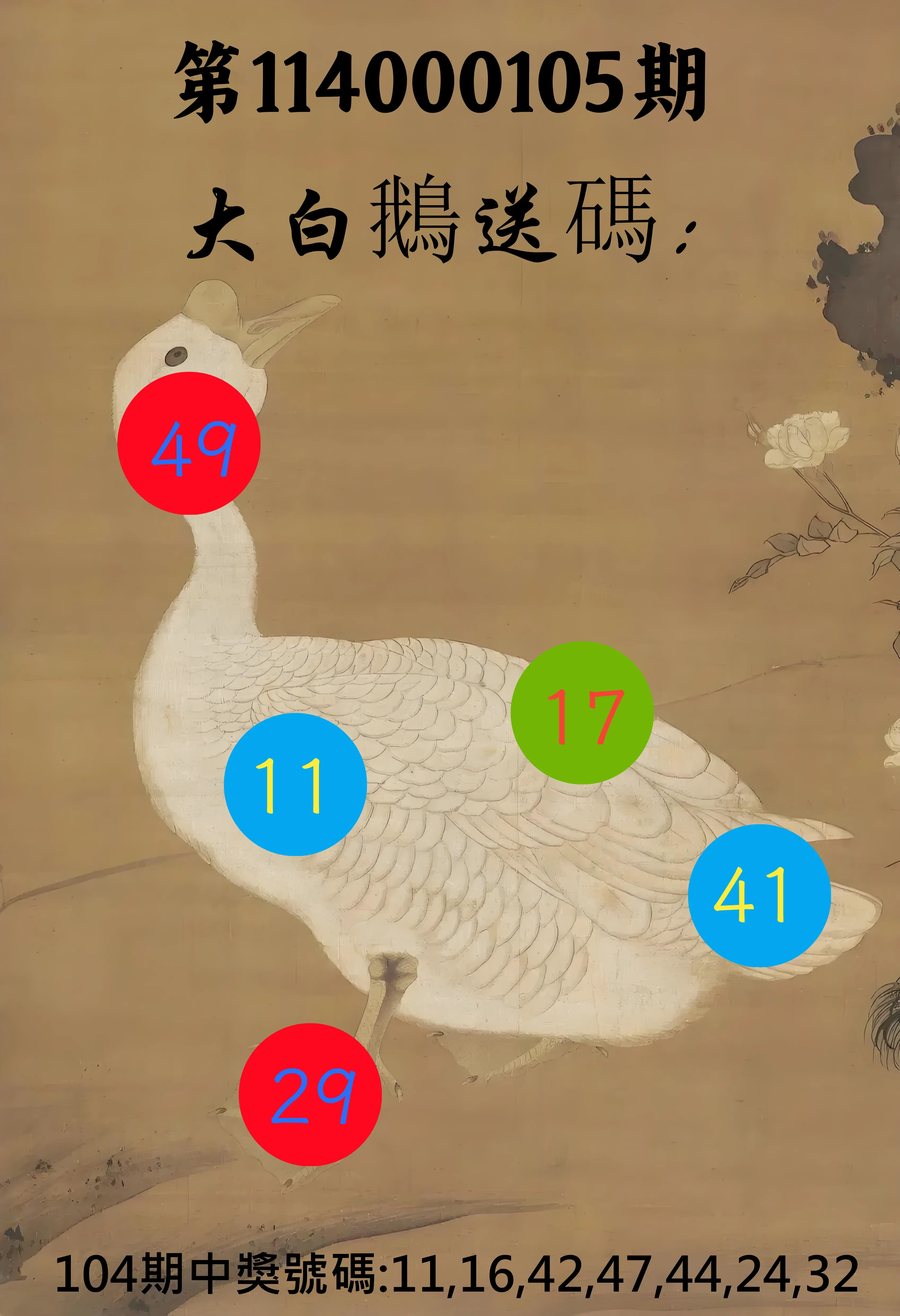 大樂透第114000105期(11/14)大白鵝送碼