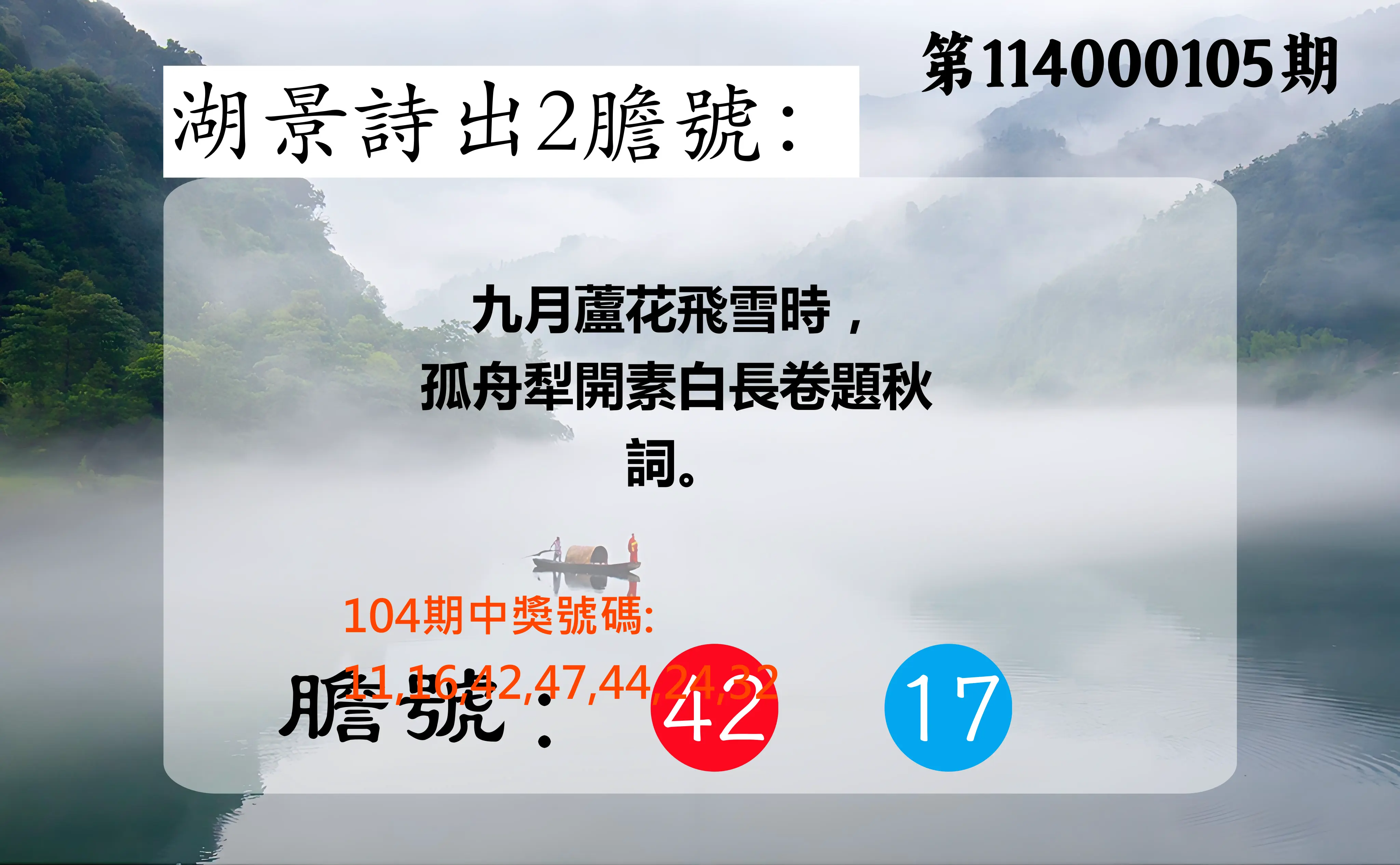 大樂透第114000105期(11/14)湖景詩出2膽號