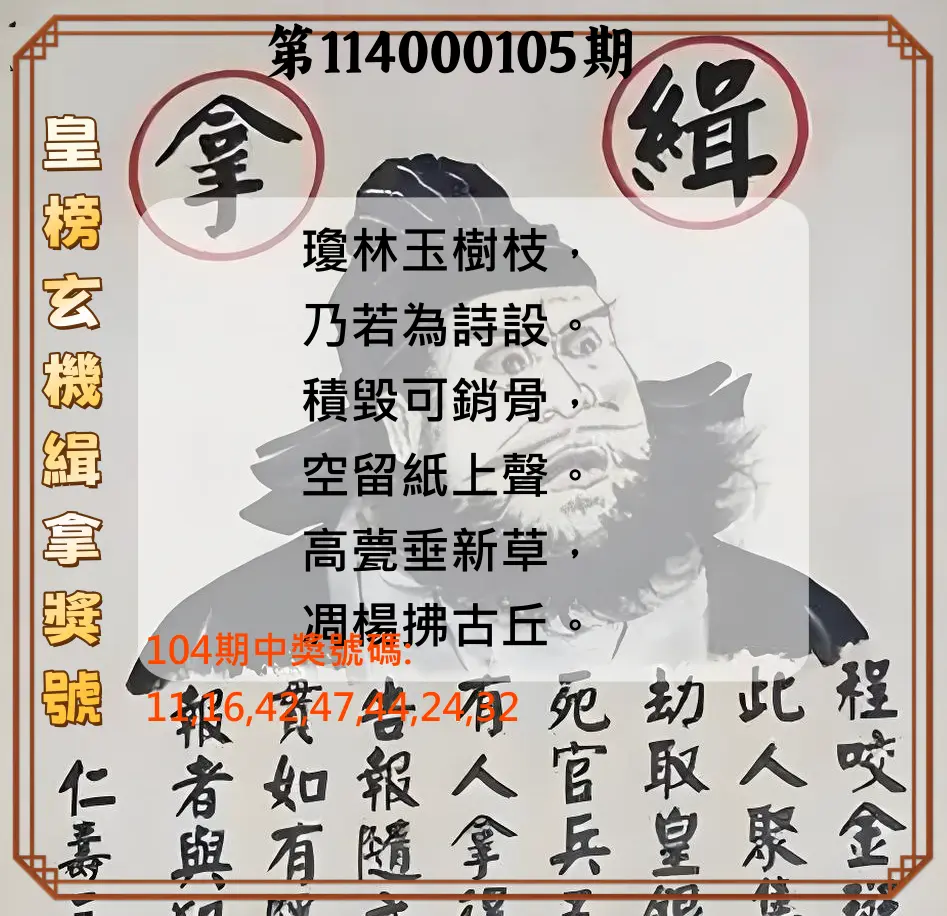 大樂透第114000105期(11/14)皇榜玄機緝拿獎號