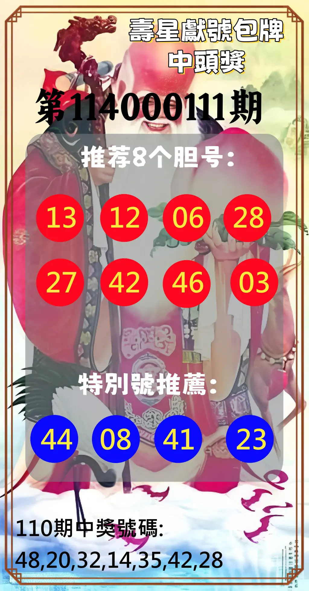 大樂透第114000111期(12/05)壽星獻號包牌中頭獎