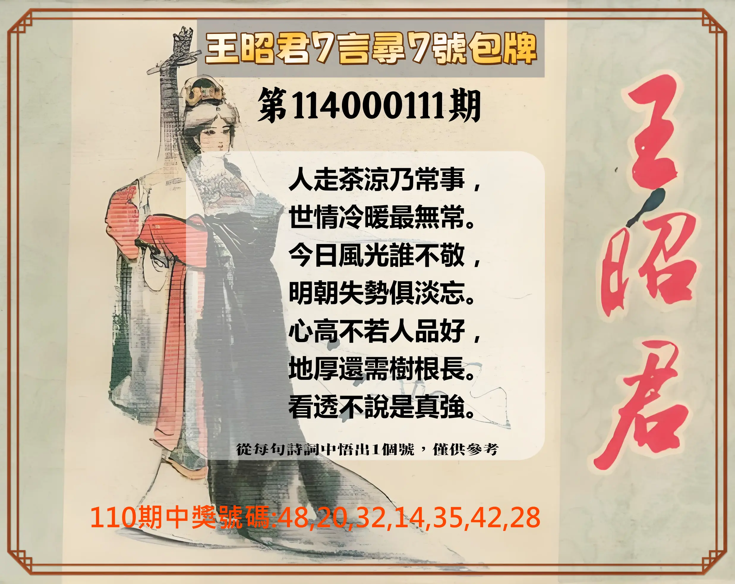 大樂透第114000111期(12/05)王昭君7言尋7號包牌